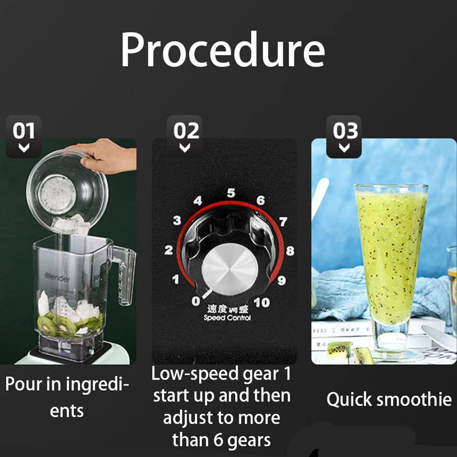 Blender, 2L Commercial Smoothie Maker with 10 Speeds and 4 Dimensional Spoiler Function, with 8 Stainless Steel Blades, 1600W Power Motor, Can Make Smoothies or Milkshakes and More