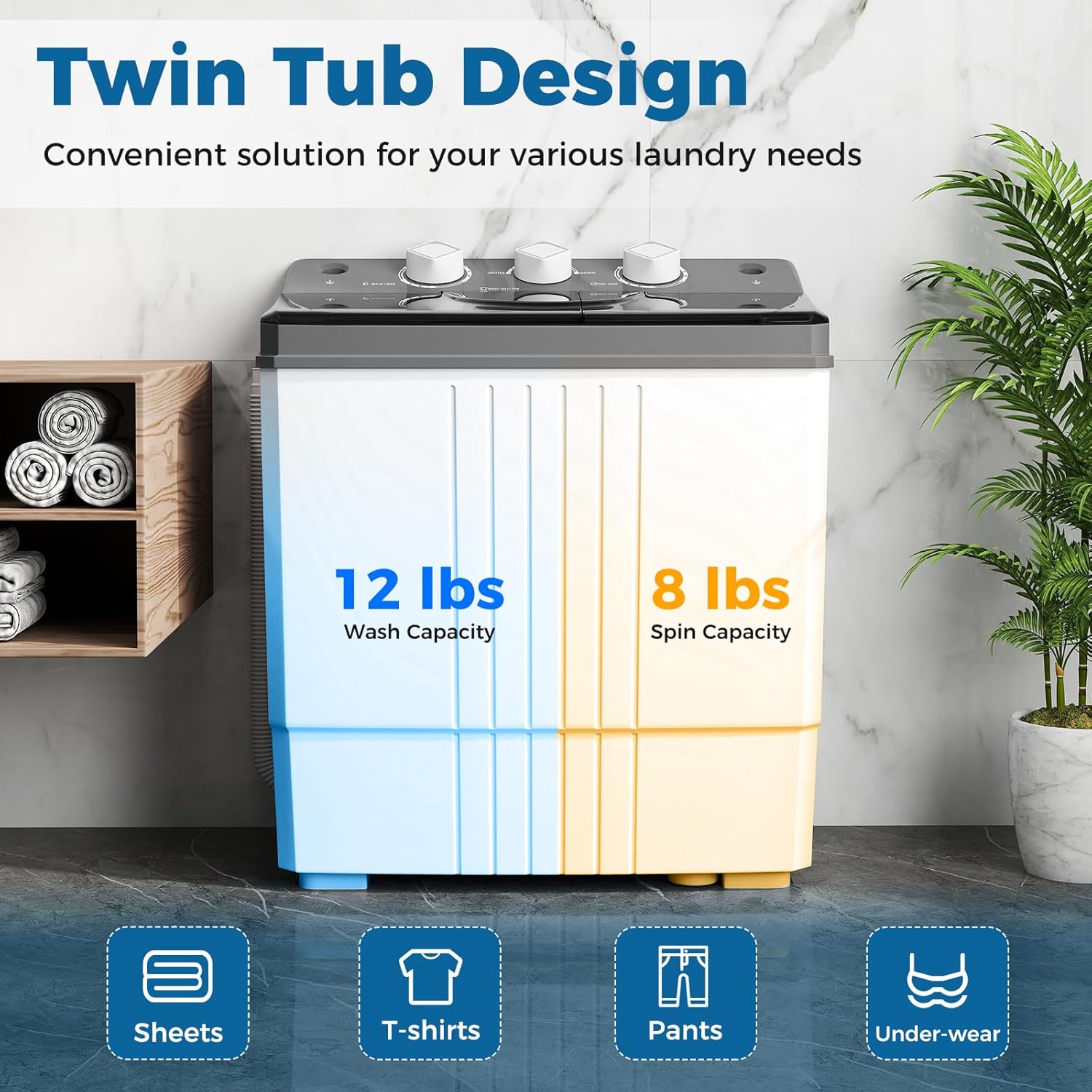 COSTWAY Portable Washing Machine, Twin Tub 20Lbs Capacity, Compact Laundry Washer(12Lbs) and Spinner(8Lbs), Durable Design for Apartment Dorm RV, Grey+White