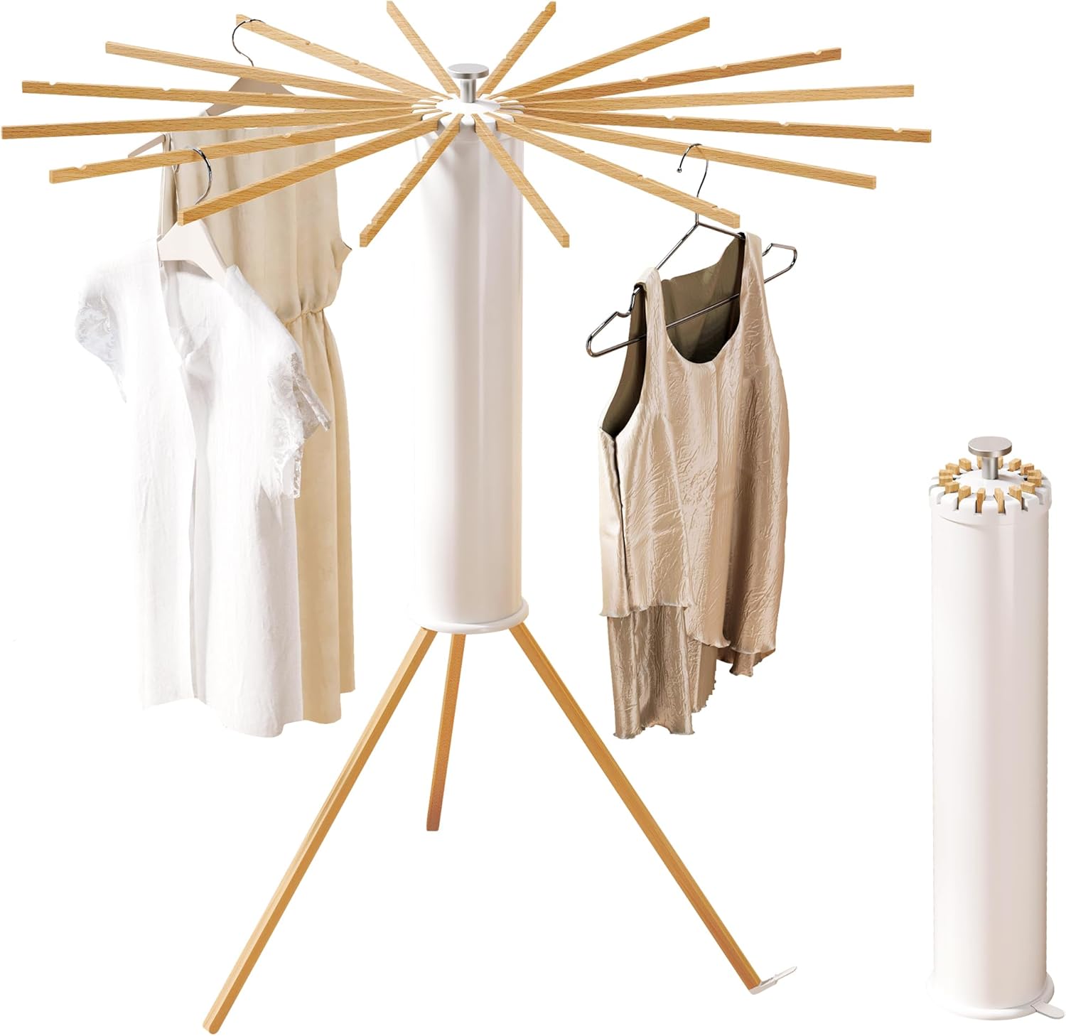 Foldable Tripod Clothes Drying Rack,Beechwood & Portable Laundry Stand, Space-Saving Collapsible Hanger with 16 Arms for Indoor & Outdoor Drying – Easy Setup, Stable Base, Fast Air-Drying Design