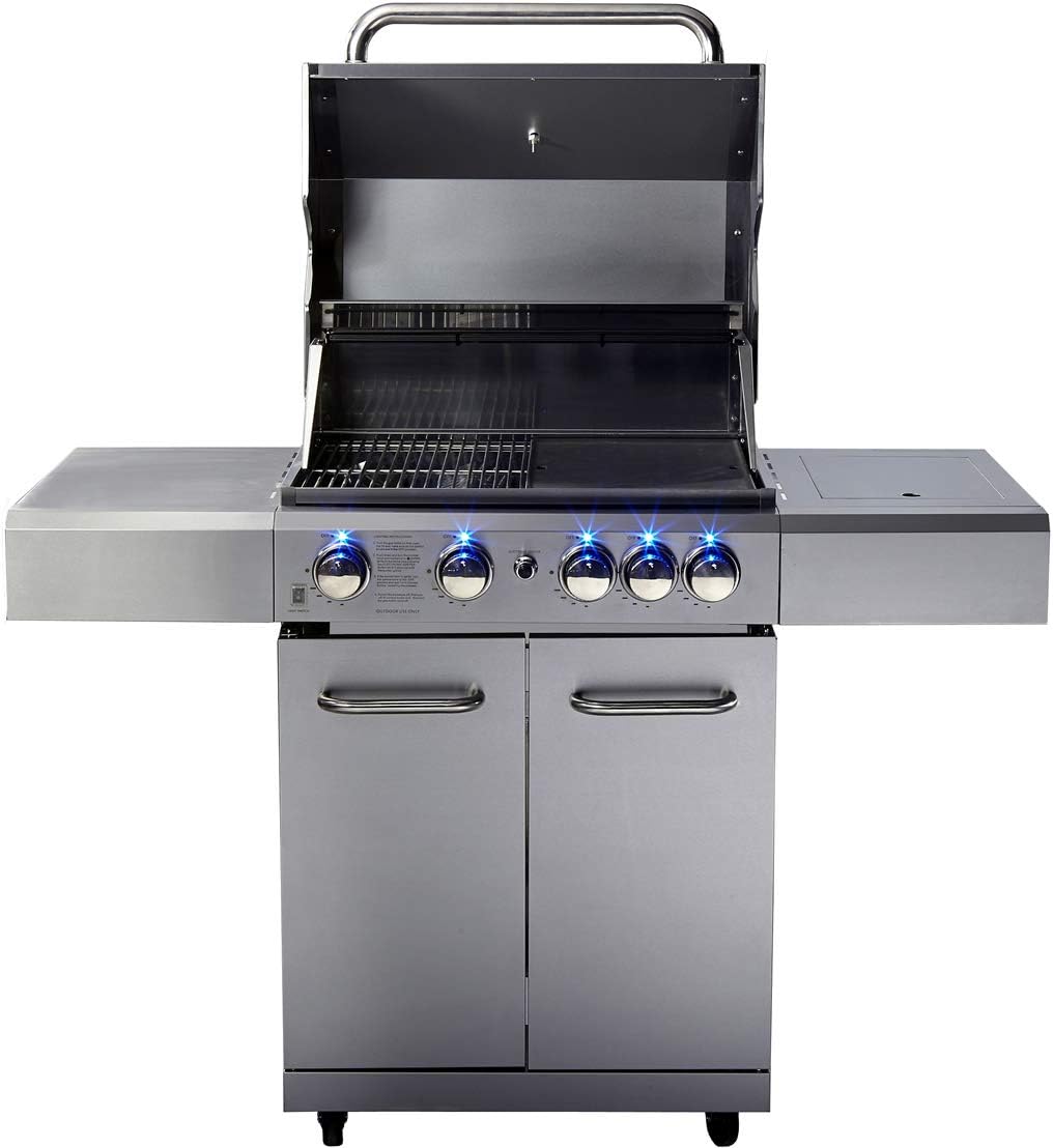 Stainless Steel Propane or Natural Gas BBQ Grill, with 5 Burners, Rotisserie, Side Burner, and Free Protective Cover