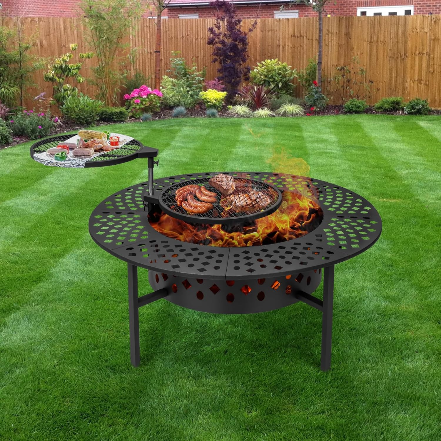 SZHLUX 42 Inch Fire Pit with 2 Grills, Wood Burning Fire Pits for Outside with Lid, Poker and Round Waterproof Cover, BBQ& Outdoor Firepit & Round Metal Table 3 in 1 for Patio, Picnic, Party