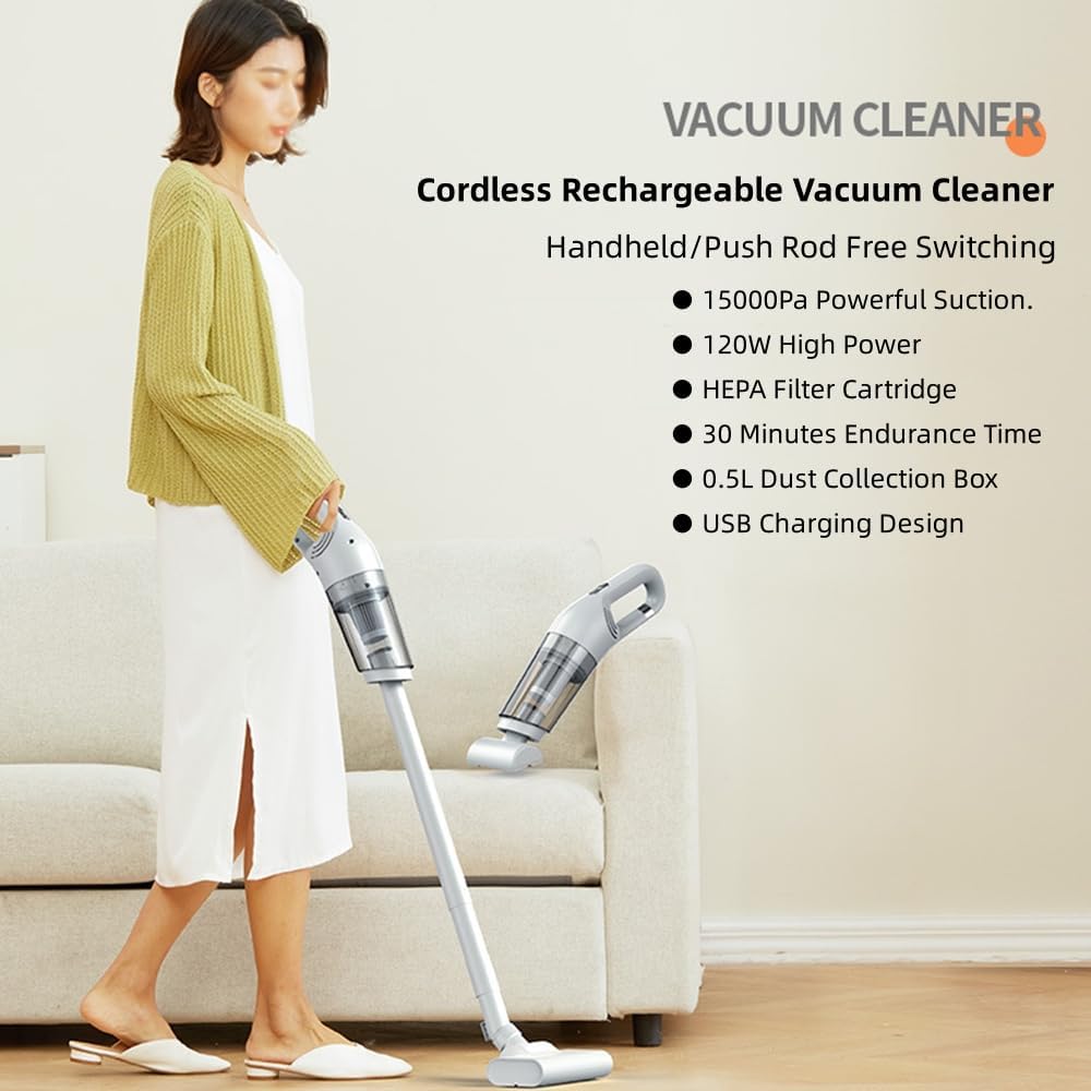 Cordless Vacuum Cleaner Rechargeable Stick Vacuum, 15000pa Powerful Suction Lightweight Handheld Vacuum Upright Vacuum Cleaner, Wireless Household Vacuum Cleaner for Hardwood Floor Pet Hair Home Car