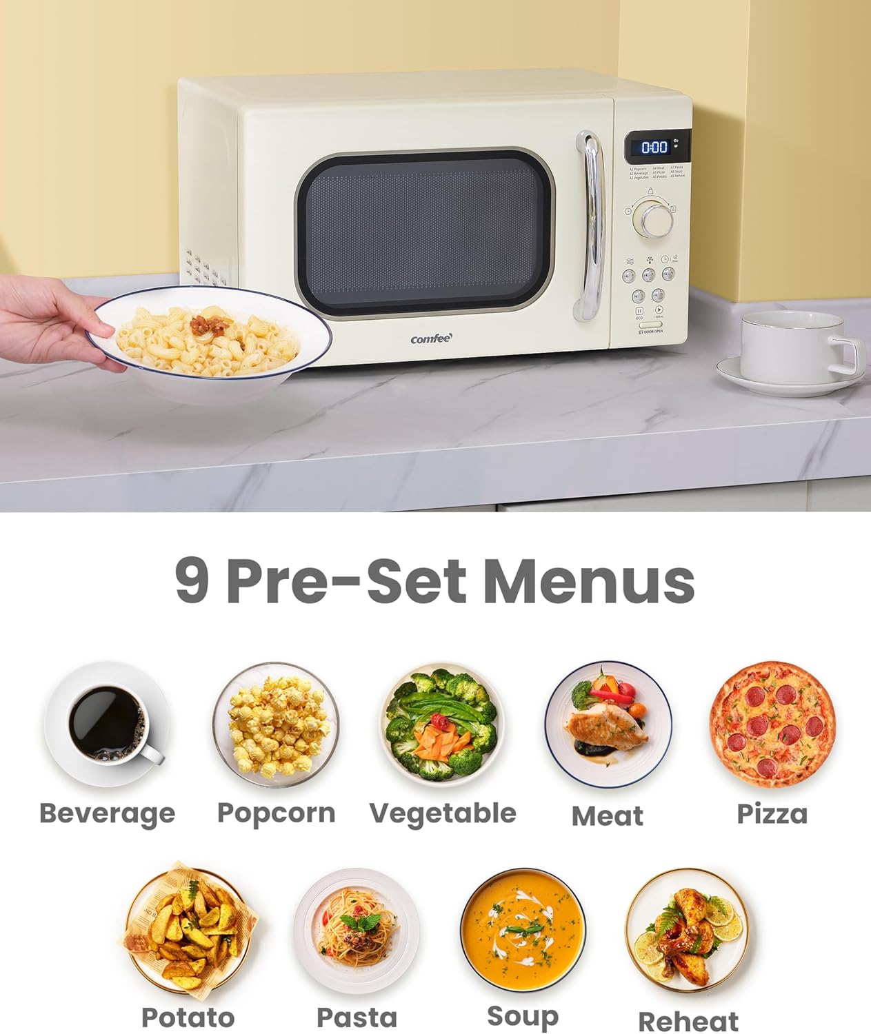 COMFEE' Retro Small Microwave Oven With Compact Size, 9 Preset Menus, Position-Memory Turntable, Mute Function, Countertop Perfect For Spaces, 0.7 Cu Ft/700W, Cream, AM720C2RA-A