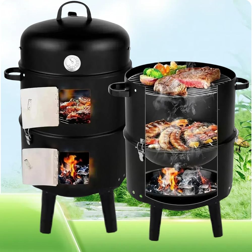 3 in1 Steel Outdoor BBQ Charcoal Smoker Barbecue Grill Garden Camp Grill Tool, Adjustable Air Vent & Built-In Thermometer for BBQ, Smoking, Baking, Camping (black,17inch)