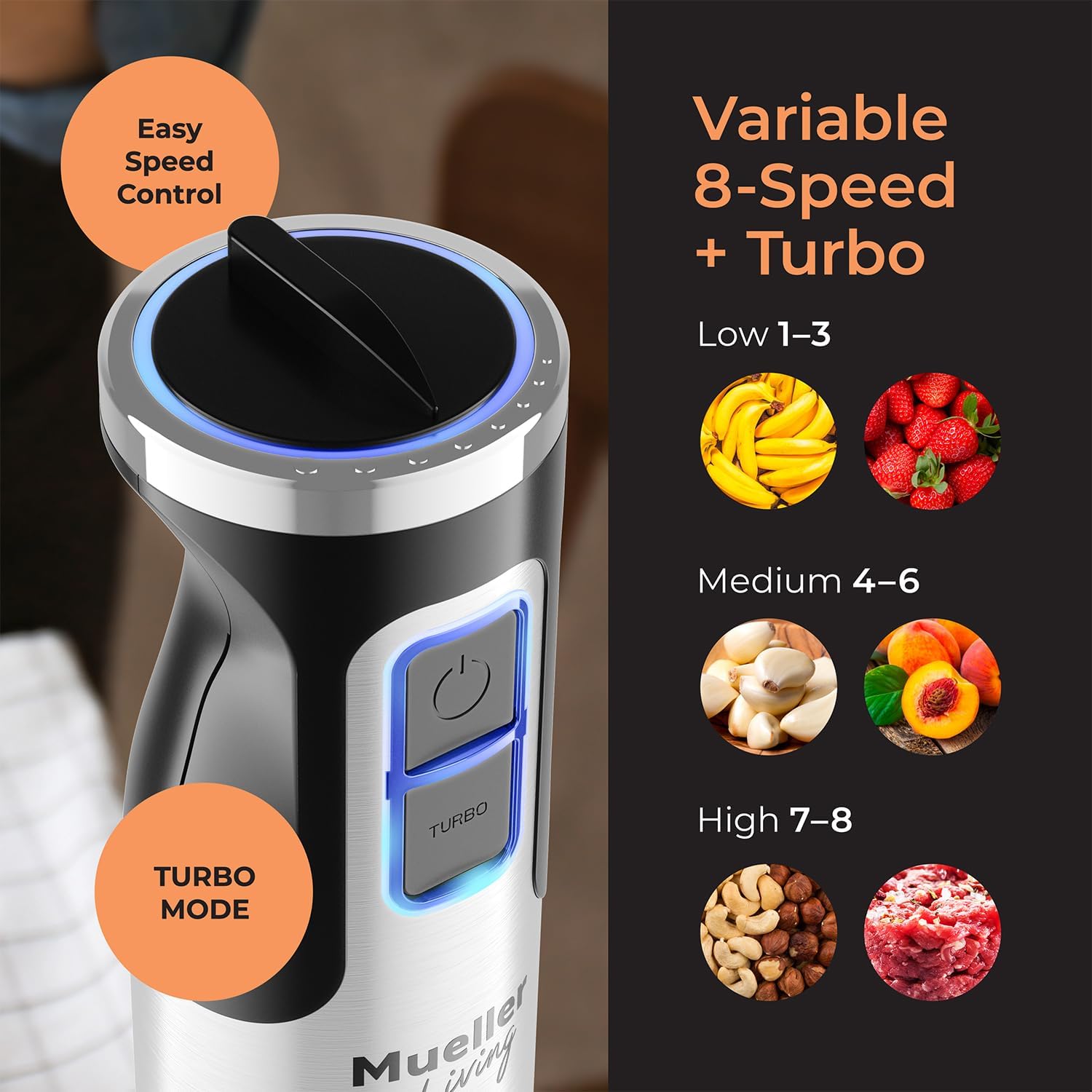 MuellerLiving Ultra-Stick Immersion Hand Blender, 500W Heavy Duty Motor, 8-Speed Turbo Setting, Includes Blending Shaft, Whisk, Milk Frother & Measuring Beaker