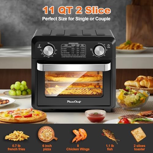11QT Compact 2-Slice Air Fryer Toaster Oven, 1500W Convection Countertop Oven with Reference Menus, Adjustable Time & Temperature, Ideal for Singles & Couples, Black