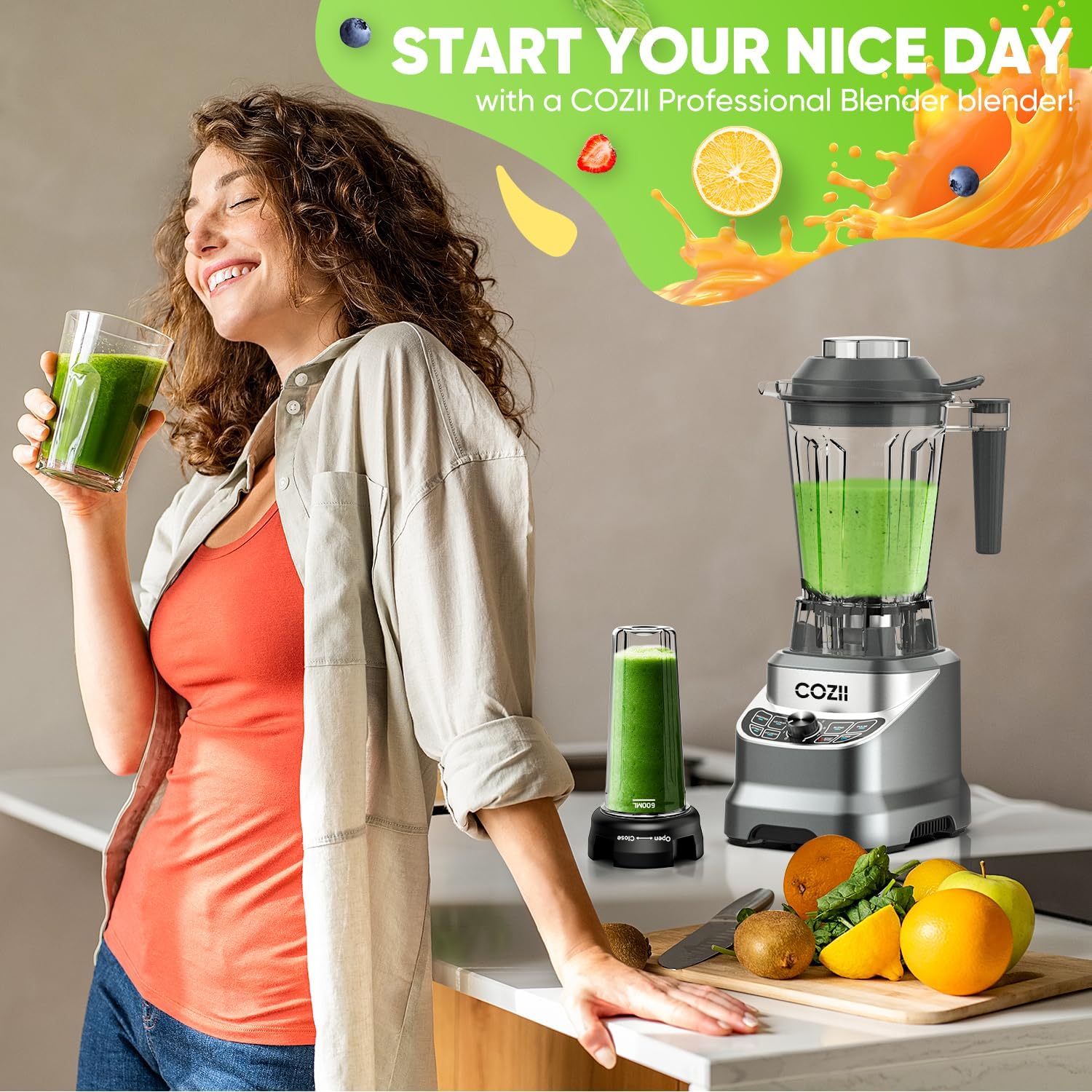 Blender 2000Watt, Countertop Blenders for Kitchen,64 Oz Pitcher/21-Oz To-go Cup, 7 Preset Programs for Ice Crush/Frozen Drinks/Nut Butter, High Speed, Dark Silver