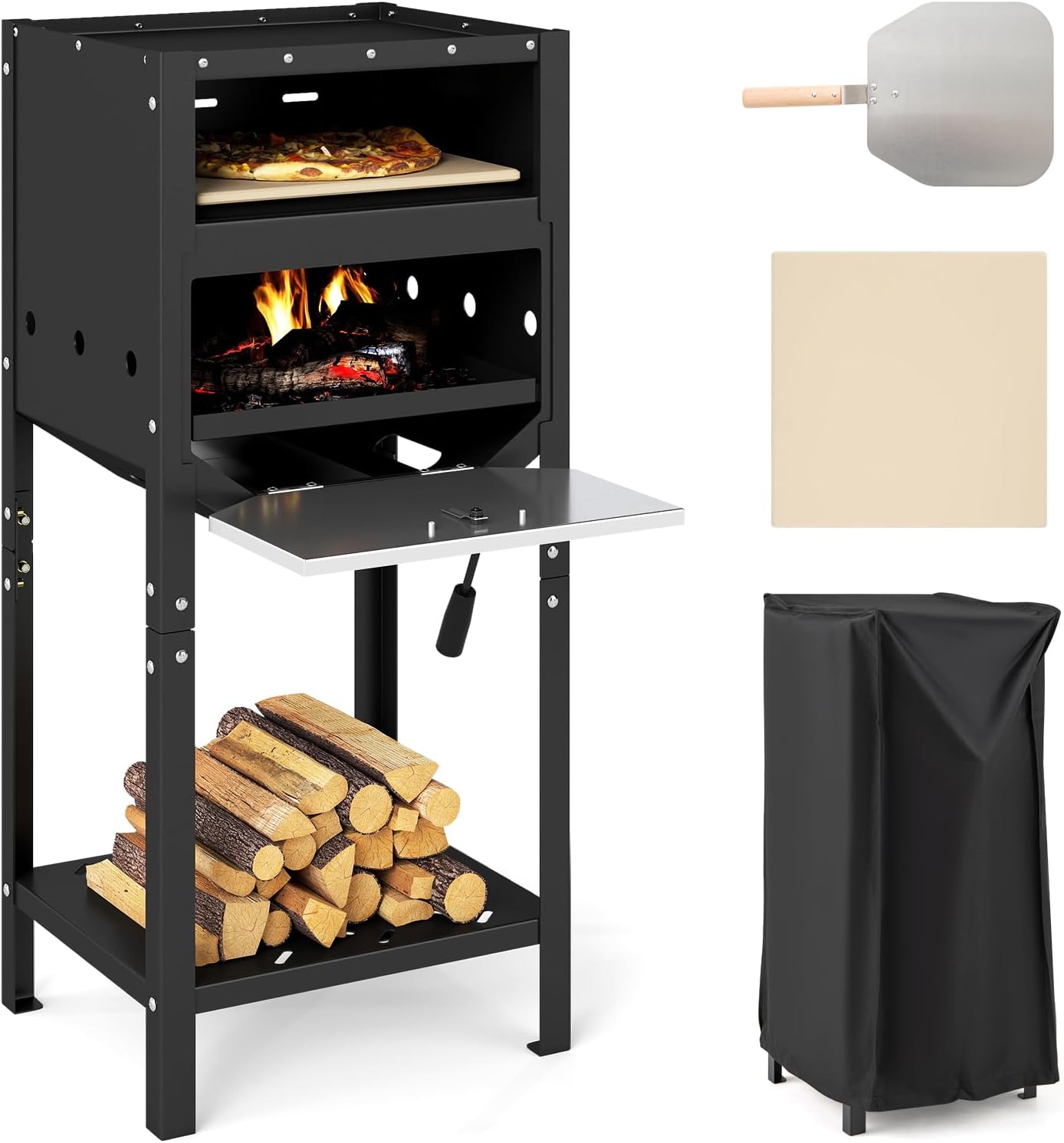 Happygrill 12” Pizza Oven Outdoor, Wood-Fired Pizza Stove with Ash Tray & Wood Storage, Pizza Stone, Pizza Peel & Oxford Cloth Cover, Multi-Fuel Pizza Maker for Patio, Backyard, Camping & BBQ