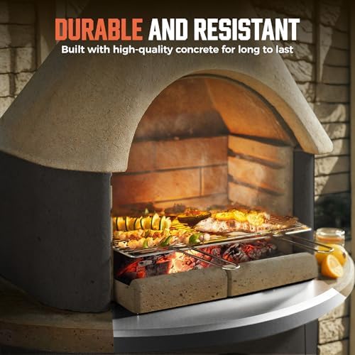 Concrete Outdoor Fireplace with Grill, Wood Burning Fireplace with Wood Storage and Chimney, Include Grill Rack & Charcoal Pan, 81.9”H