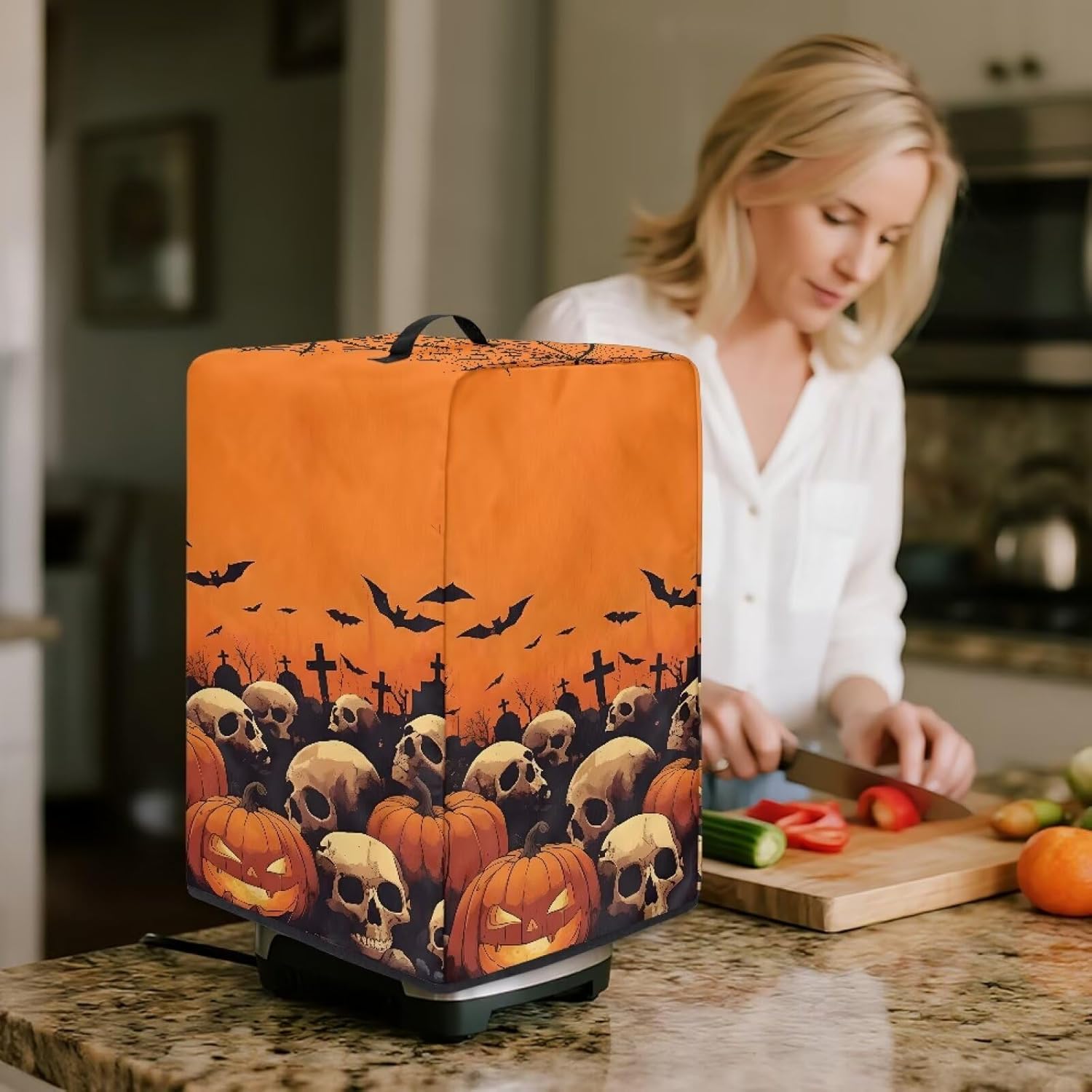 Foldable Juicer Cover – Blender Dust Proof Cover, Fits Most Stand Mixers, Machine Washable, Stylish Floral Print, Home Kitchen Skull Pumpkin With Bat