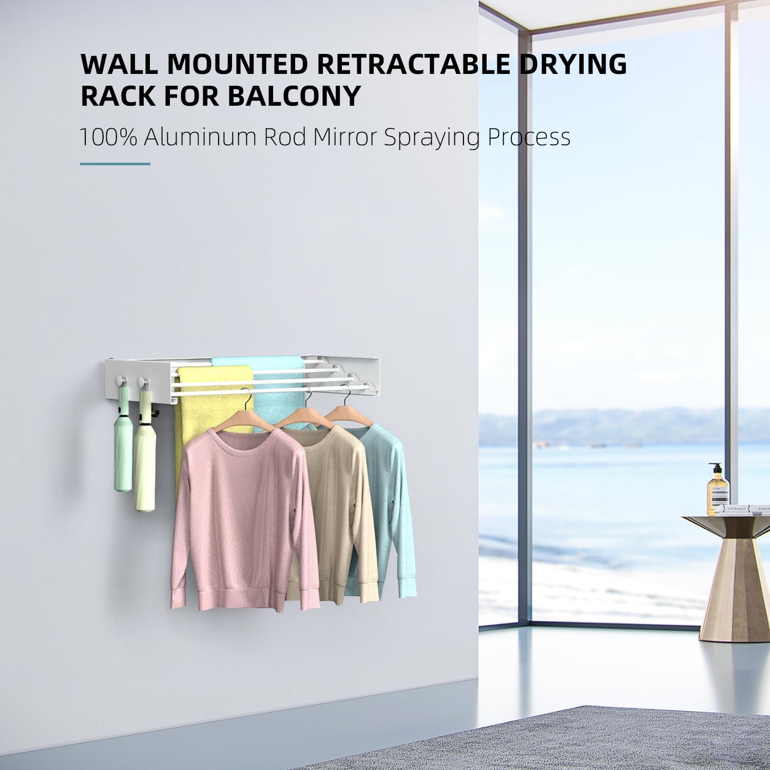 Drying Rack Clothing,Clothes Drying Rack Wall Mounted,Laundry Drying Rack Wall Mount,Foldable,Collapsible,60 lb Capacity 4 Aluminium Poles with 8 Hooks,Space Saving Clothes Drying Rack,White 23.6