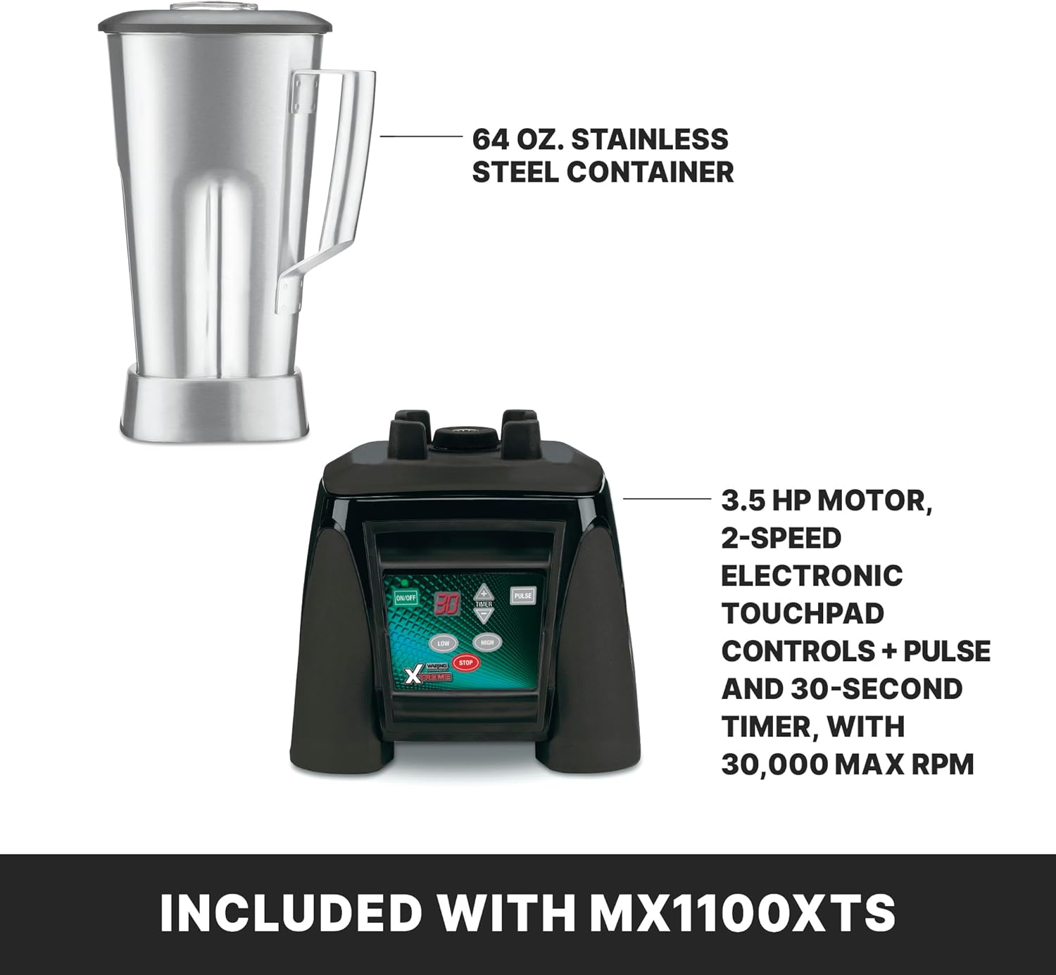 Waring Commercial MX1100XTS 3.5 HP Blender with Electronic Keypad, 30 Second Countdown Timer, Pulse Feature and a 64 oz Stainless Steel Container, 12-V, 5-15 Phase Plug