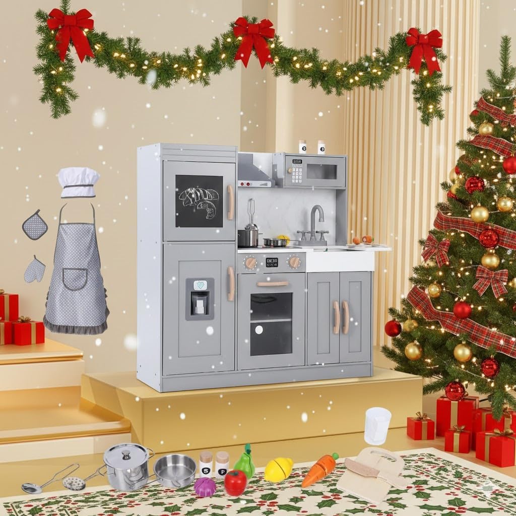 CABIHOME Wooden Play Kitchen Set with Cookware Accessories, Real Lights & Sounds, Include Microwave, Oven, Sink, Pretend Play Kitchen for 3+ Chef Pretend Play, Gray