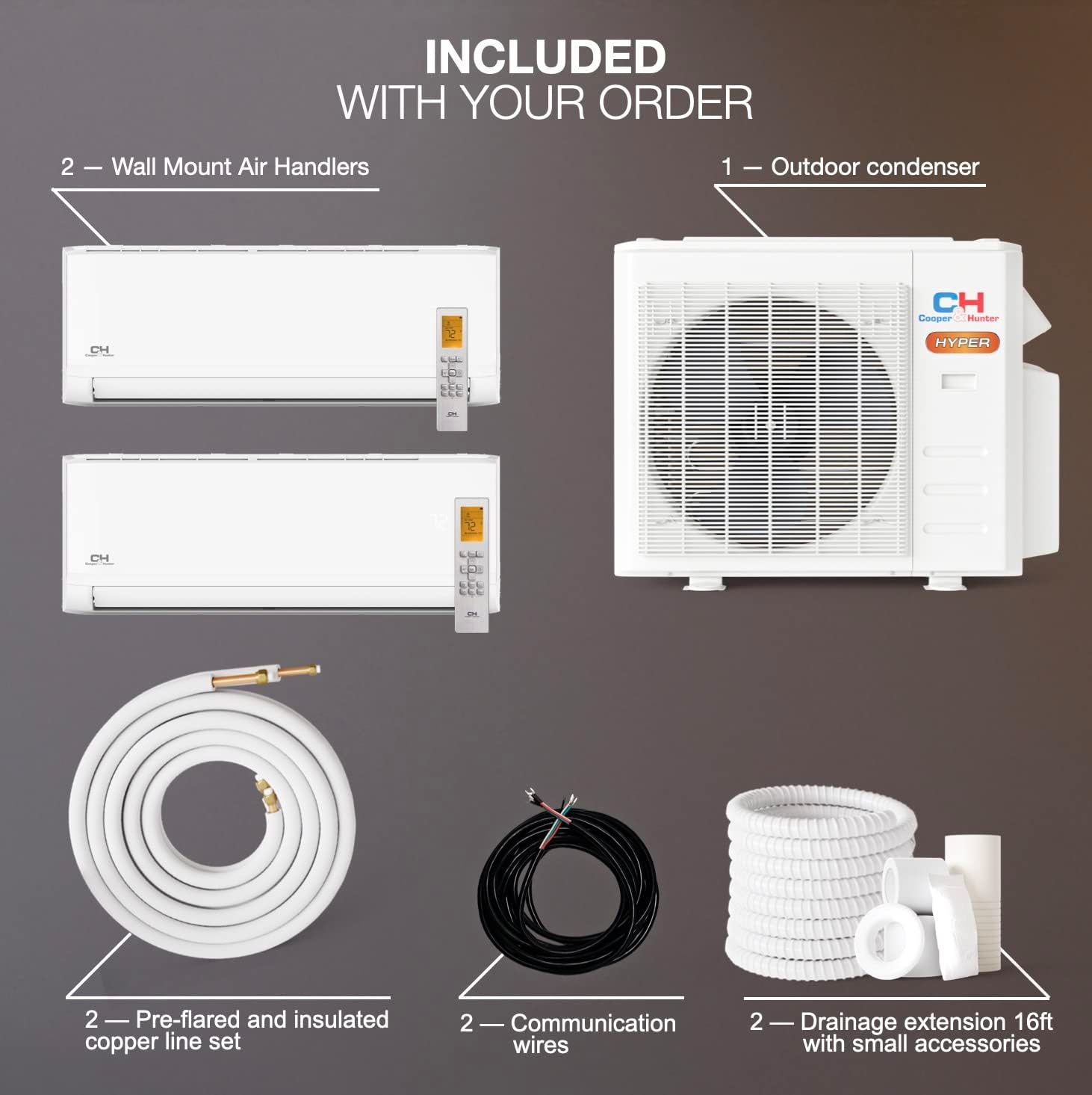 Cooper&Hunter Hyper Heat -22F Dual 2 Zone 9,000 + 9,000 BTU Ductless Mini Split Heat Pump Air Conditioner System 230V Full Set with Two 25ft Installation Kits