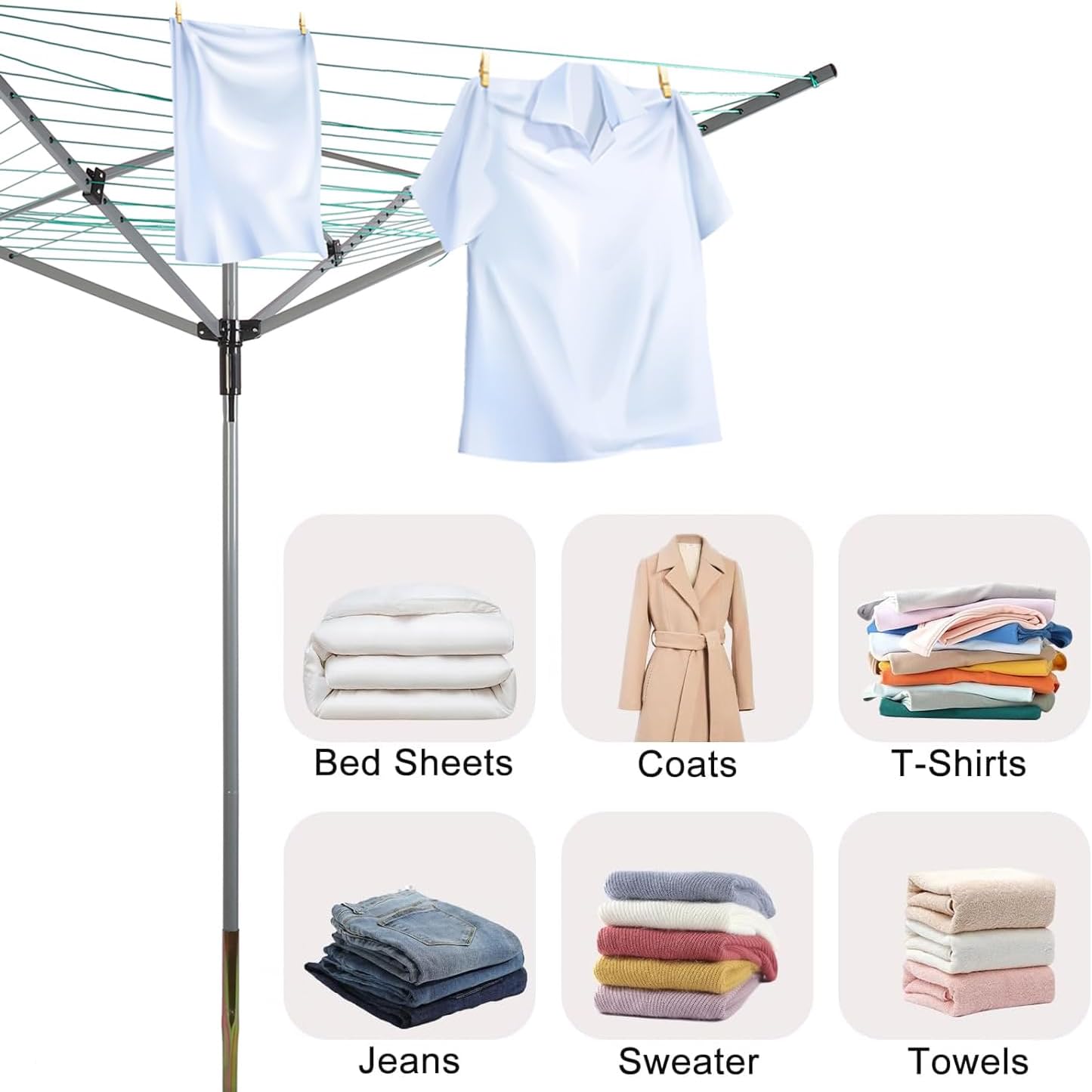 Umbrella Drying Rack Outdoor Umbrella Clothesline Rotary Retractable Clothes Line Adjustable Height 4 Arms Heavy Duty Clothesline Drying Rack 12 Lines with 165 Feet Clothes Line for Backyard