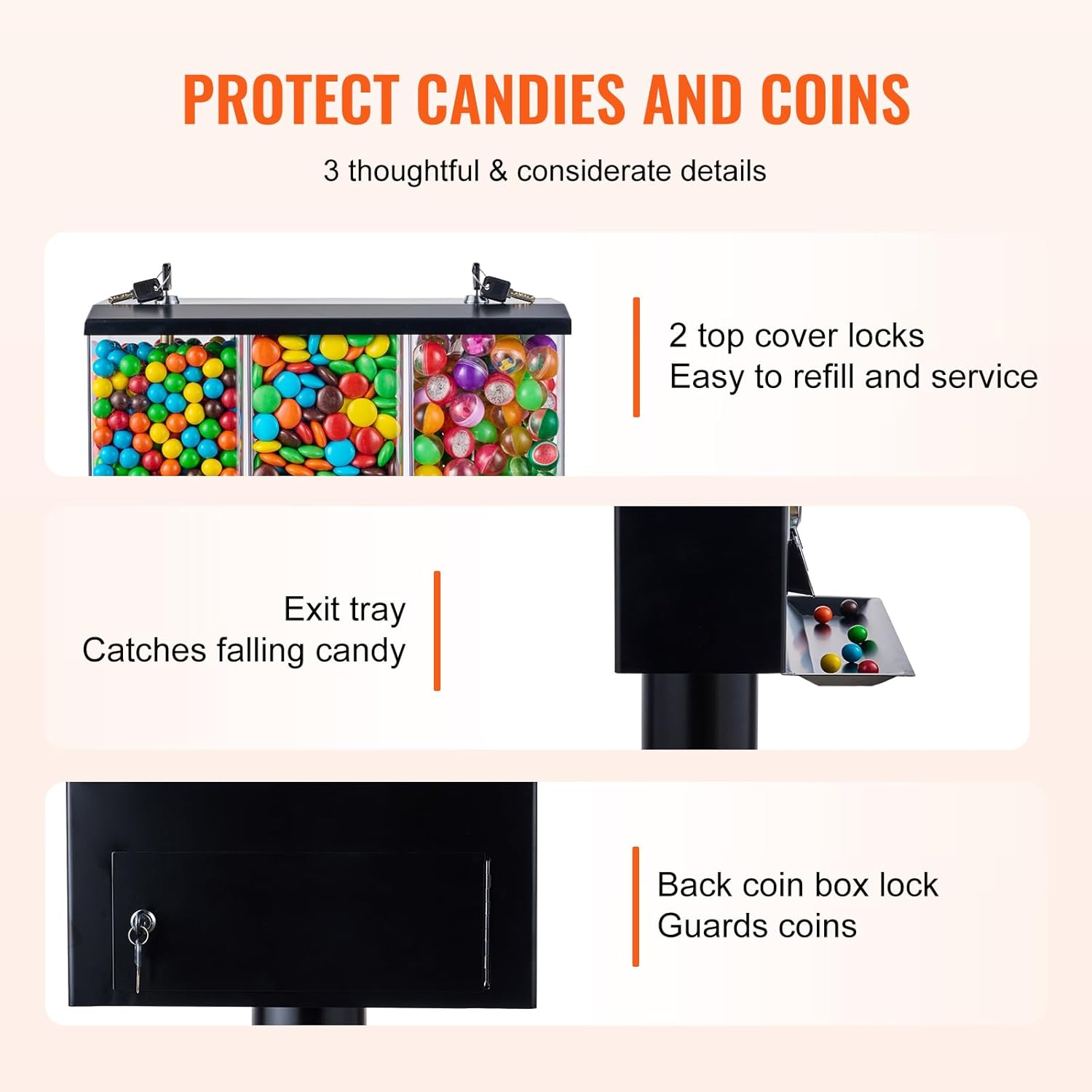 VEVOR Commercial Vending Machine, Triple Compartment Candy Dispenser with Iron Stand, Gumball and Candy Machine for Business, Coin Operated Gumball Bank for Toy Capsules Bouncy Balls Candy Nut, Black