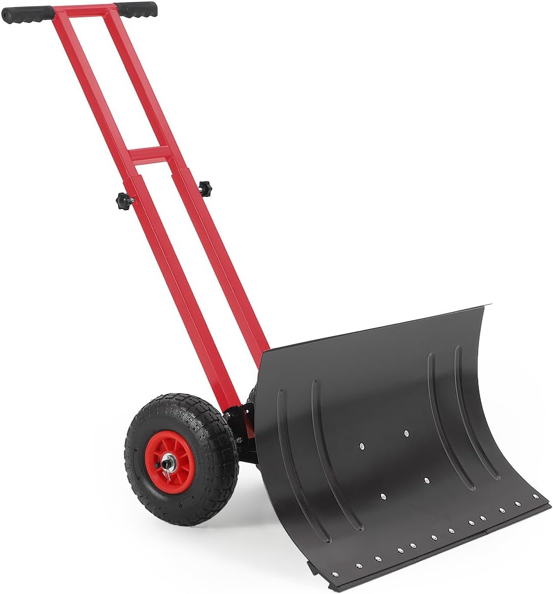 29x16.5 in Snow Shovel with 5-Position Angled Blade & Adjustable Handle, Heavy Duty Metal Snow Pusher Shovel with Wheels for Driveway, Doorway, Sidewalk, Pavement, Black & Red