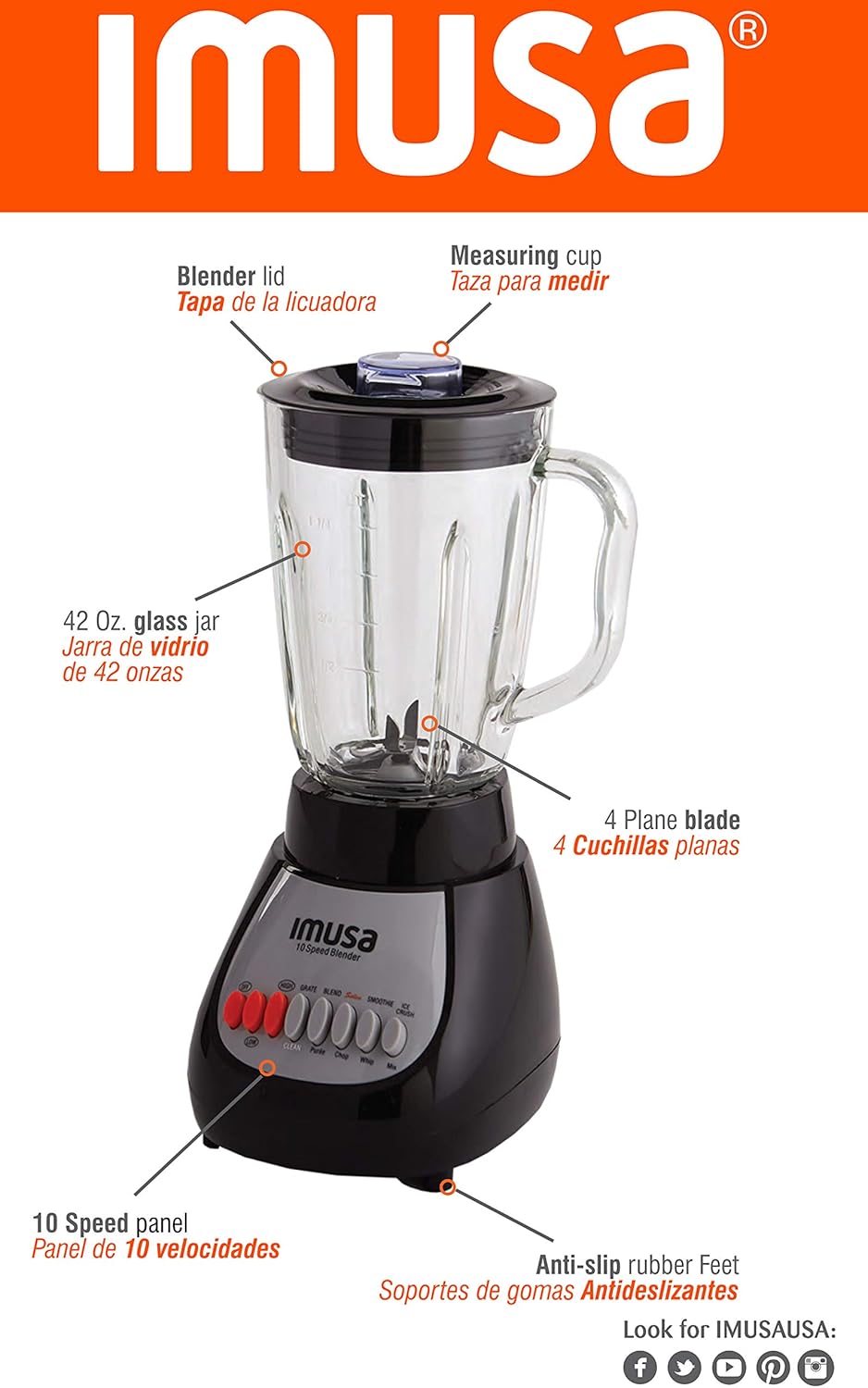 IMUSA USA GAU-80313B Black 10-Speed Blender with Glass Jar 4, 42 oz