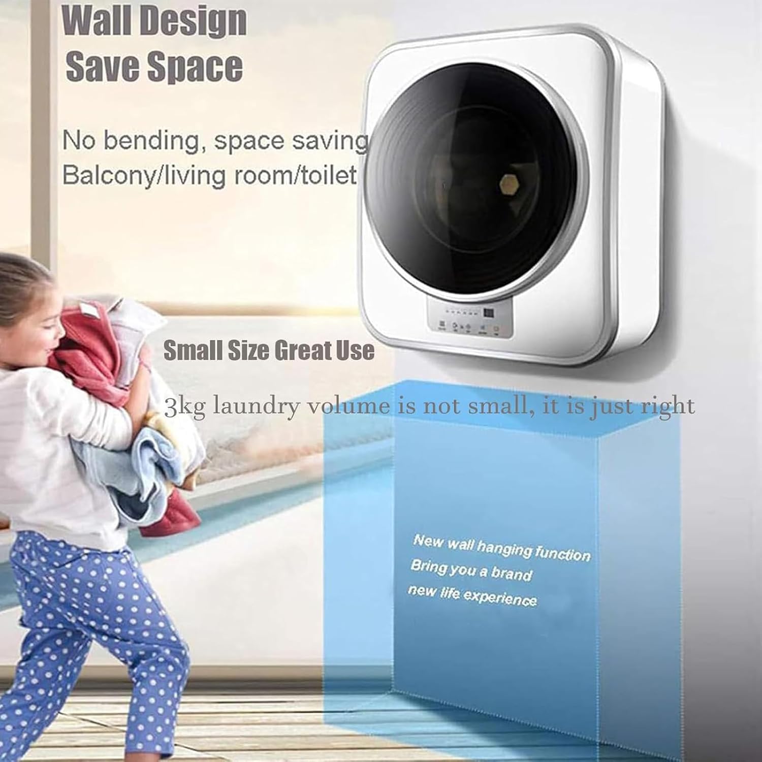 Automatic Wall-Mounted Washing Machine, 3kg Portable Compact Small Household Washer, Drum Inverter Washing Machine, Mini Laundry Machine and Drying, for Bathroom