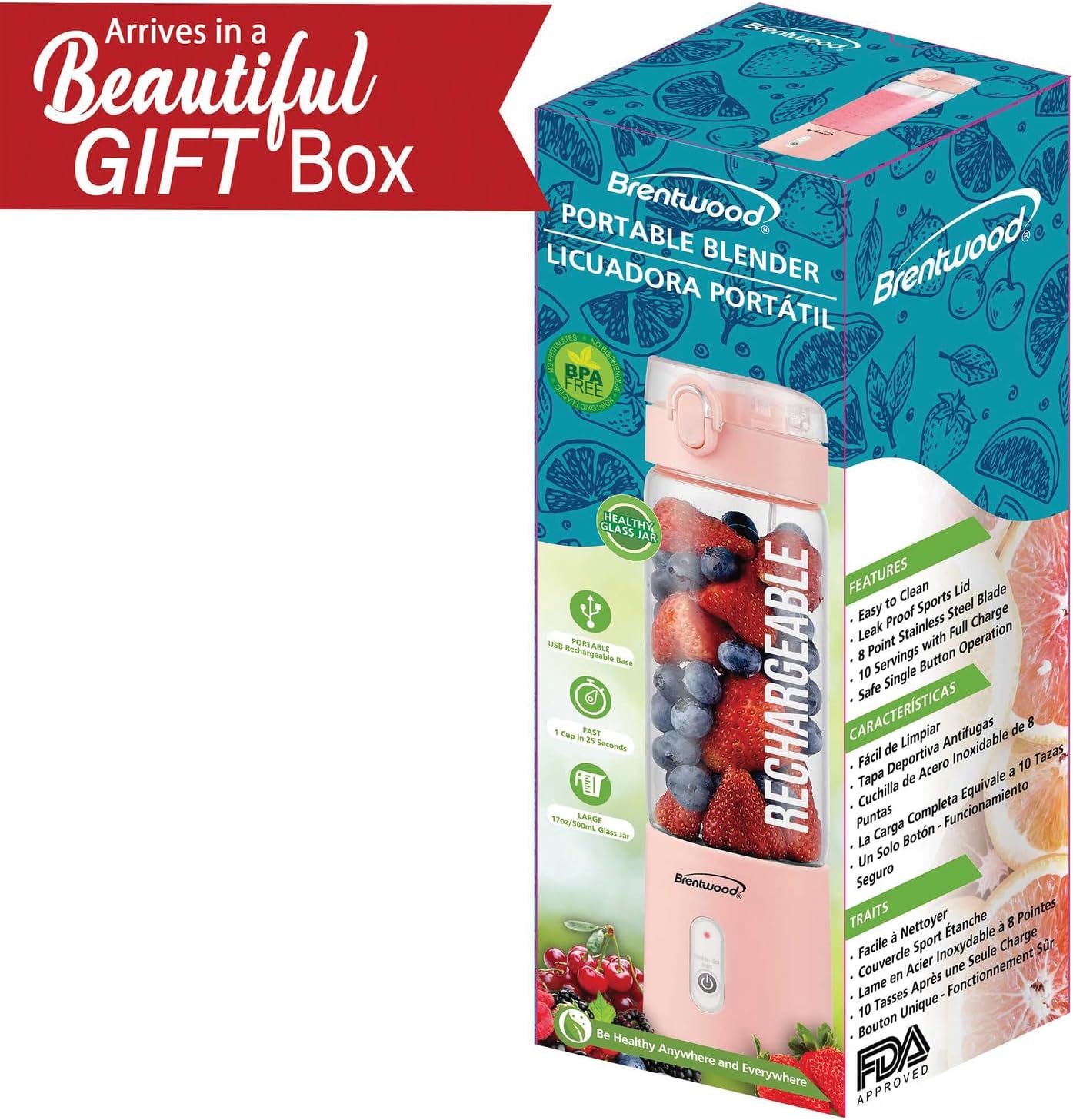 Brentwood 50-Watt 17-Oz. Portable Battery-Operated USB-Chargeable Glass Blender (Pink)