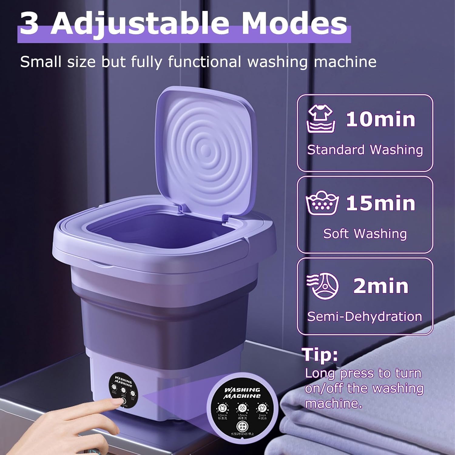 Portable Washing Machine, Foldable Mini Washing Machine with 3 Modes Deep Cleaning of Underwear, Small Clothes and Socks, Small Collapsible Laundry Washer for Apartments, Camping, Travel (Purple)