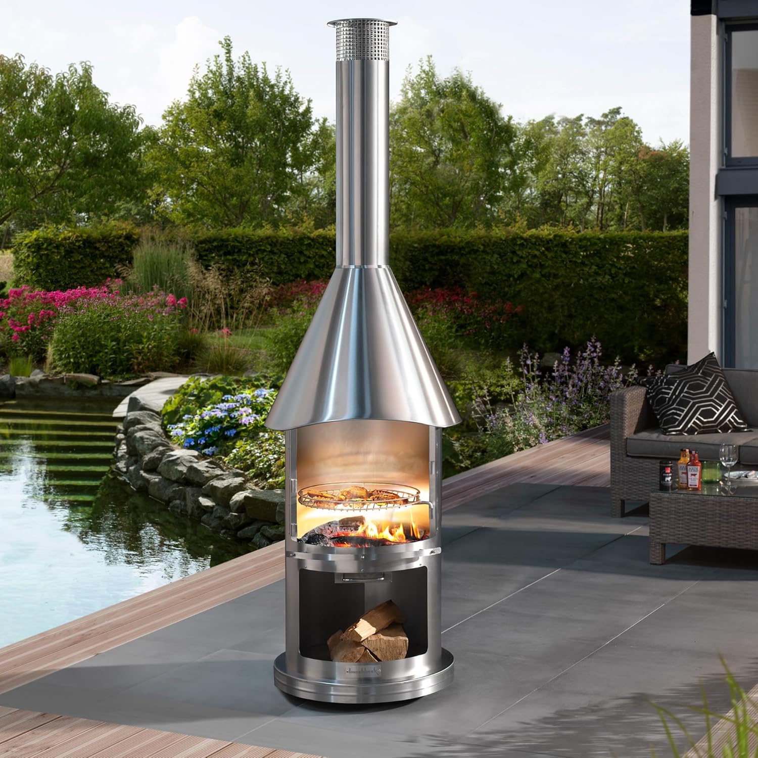 Twin-Walled Chimenea, Modern Stainless Steel Chimenea Fireplace with Wood Storage and Chimney, Outdoor Wood Burning Chiminea with Grill and Spark Screen for Patio and Backyard, 90.6” H