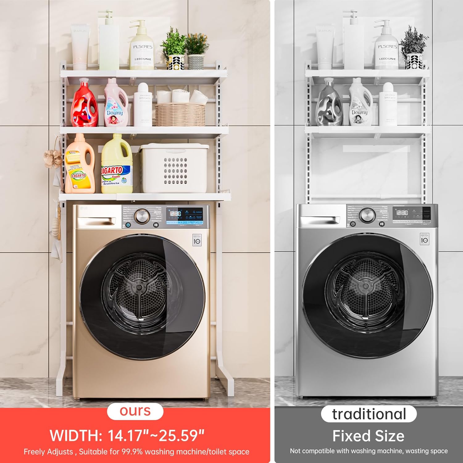 Carbon Steel Over Washer and Dryer Shelf, 2 Tier Bulkhead Laundry Room Storage and Organization Riser, Above Toilet Rack, (14.17“-25.59”) W*15.75 “D*63.39 ”H, White