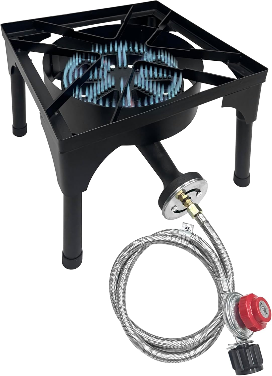 LetFeng Single Burner Outdoor Gas Stove - 200,000BTU Propane with Cast Iron Burner & Steel Braided Hose - Detachable Stand Legs