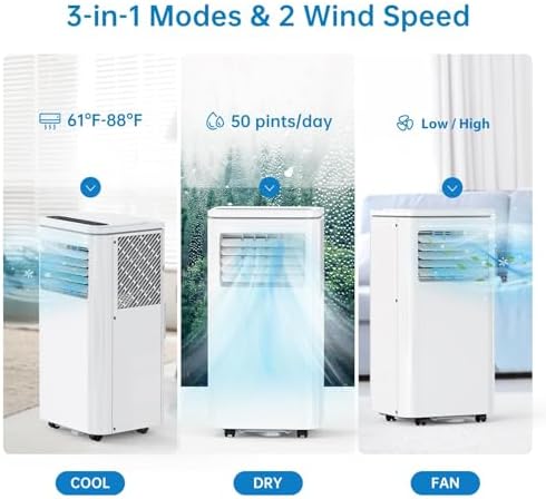Garvee 8000BTU Portable Air Conditioner 3 in 1 with Remote Control, LCD Display, Portable AC for room up to 300 Sq Ft, AC Cooling, Dehumidifier, Fan for Bedroom