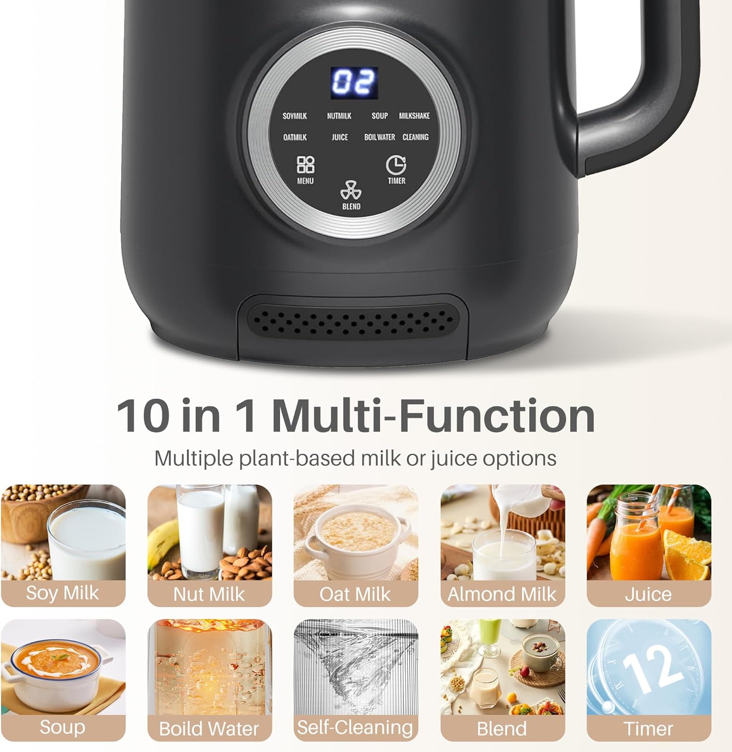 10 in 1 Nut Milk Maker Blender, 40OZ Automatic Homemade Soy Milk Maker Machine for Oat Milk, Nutmilk, Juice, Grains, Almonds Milk Maker with Delay Start/Keep Warm/Boil Water, Black