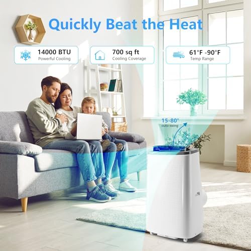 14000Btu Portable Air Conditioner with Remote Control,Quiet AC Unit with Cool, Dehumidifier & Fan Mode Room Cooling Up to 700 sq ft,24 Hour Timer, Window Installation Kit for Home, White