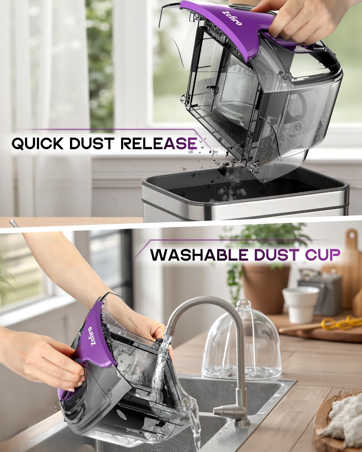 Zefiro Canister Vacuum Cleaner, Bagless Canister Vacuum for Home, Powerful Suction, Auto Cord Rewind, HEPA Filter, Corded Vacuum for Hard Floors, Carpet, Apartment/Rental Friendly(Purple&Black)