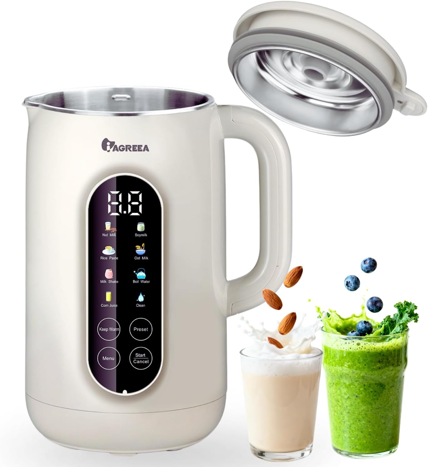 IAGREEA 35oz Nut Milk Maker Machine 304 Stainless Steel Lid BPA Free, 10-in-1 Soy Milk Maker for Homemade Milkshake/Nut/Oat/Plant-Based Drink, 10 Blades Blenders with Delay Start/Boil Water/Self Clean