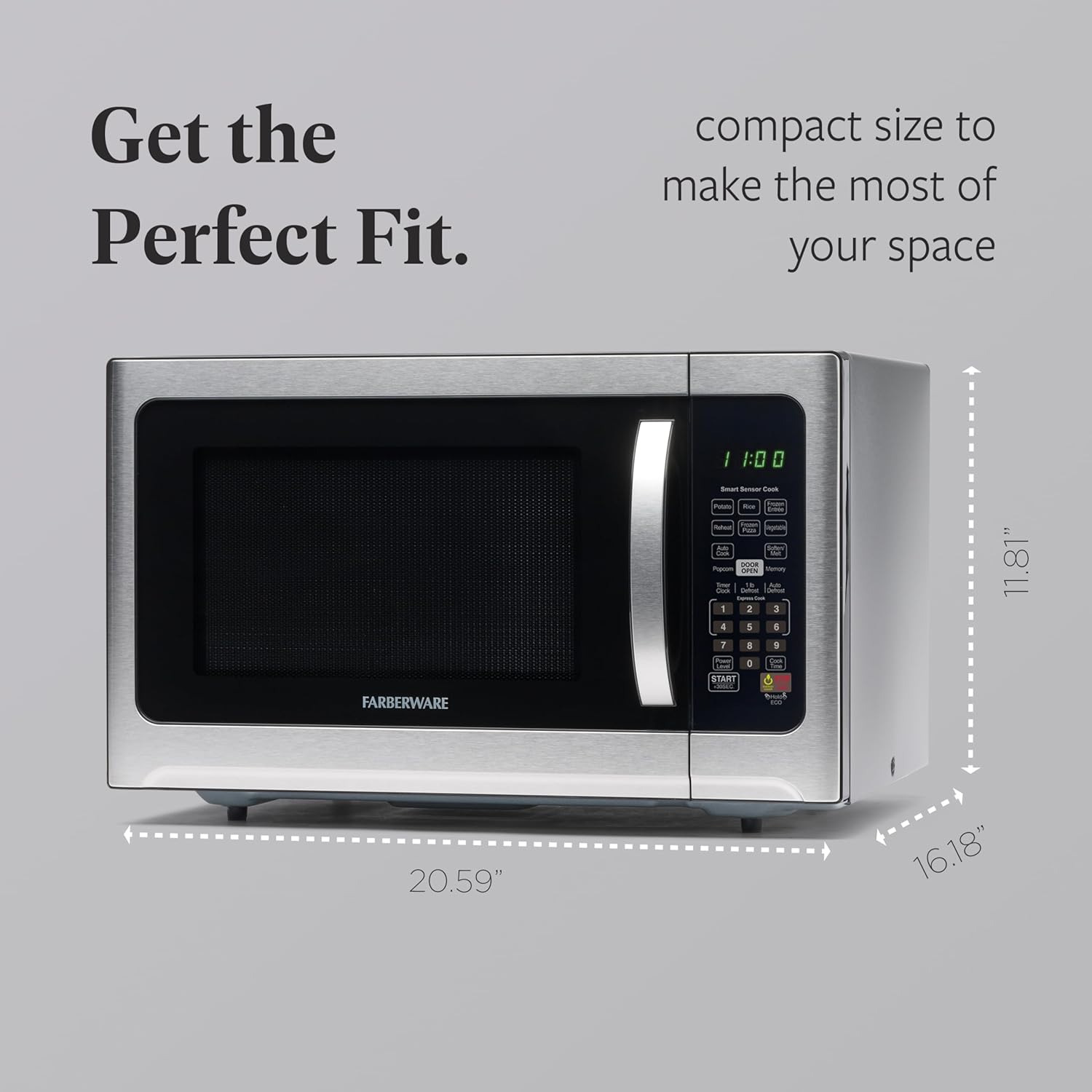 Farberware 1.2 Cu. Ft. Countertop Microwave Oven – 1000 Watts Power, Smart Sensor Auto Cook Settings, Defrost, Easy Clean and Child Safety Lock - Stainless