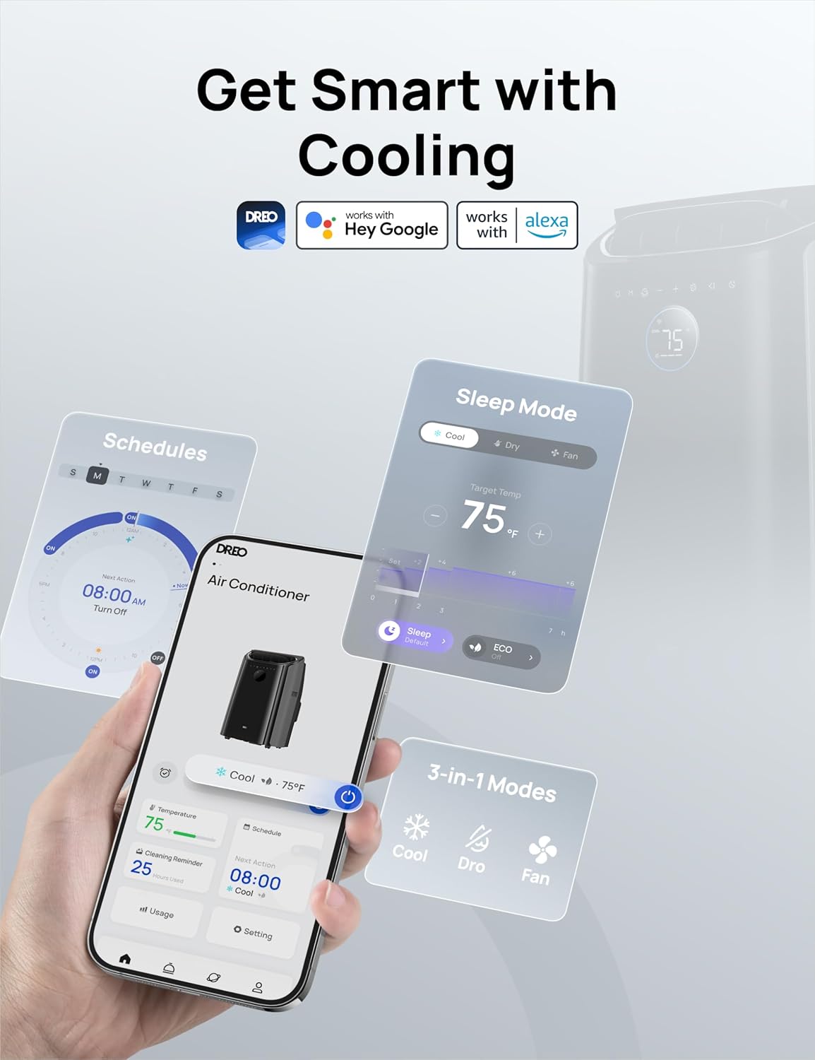 Dreo Portable Air Conditioners, 12000 BTU AC Unit for Bedroom with Drainage-free Cooling, 3-in-1 with Fan & Dehumidifier, Touch/APP/Voice/Remote, 24h Timer, Smart Floor AC for Room Indoors, AC515S