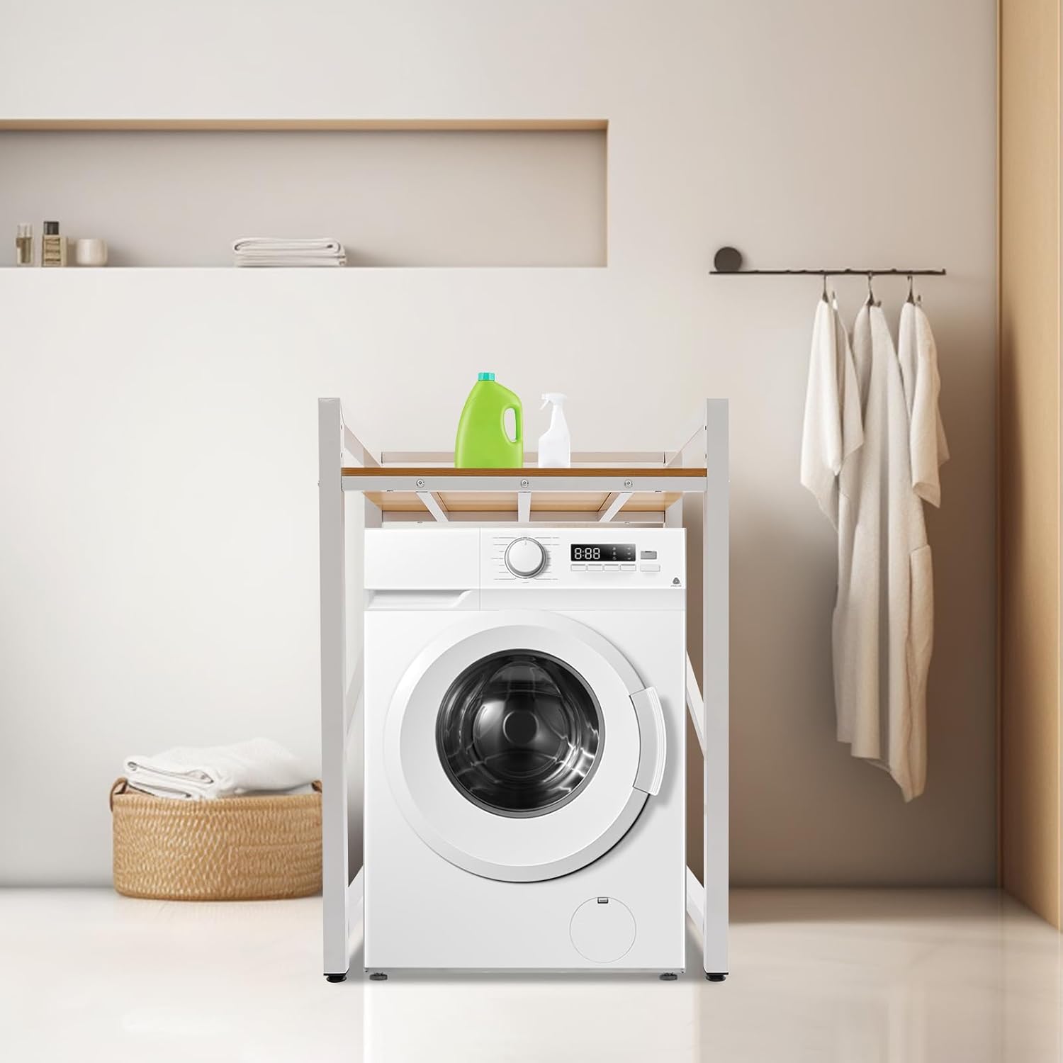 Washer Dryer Stacking Rack Stand, Height Adjustable Washer Dryer Machine Stacking Rack for Bathroom, Laundry Room (White+Yellow)