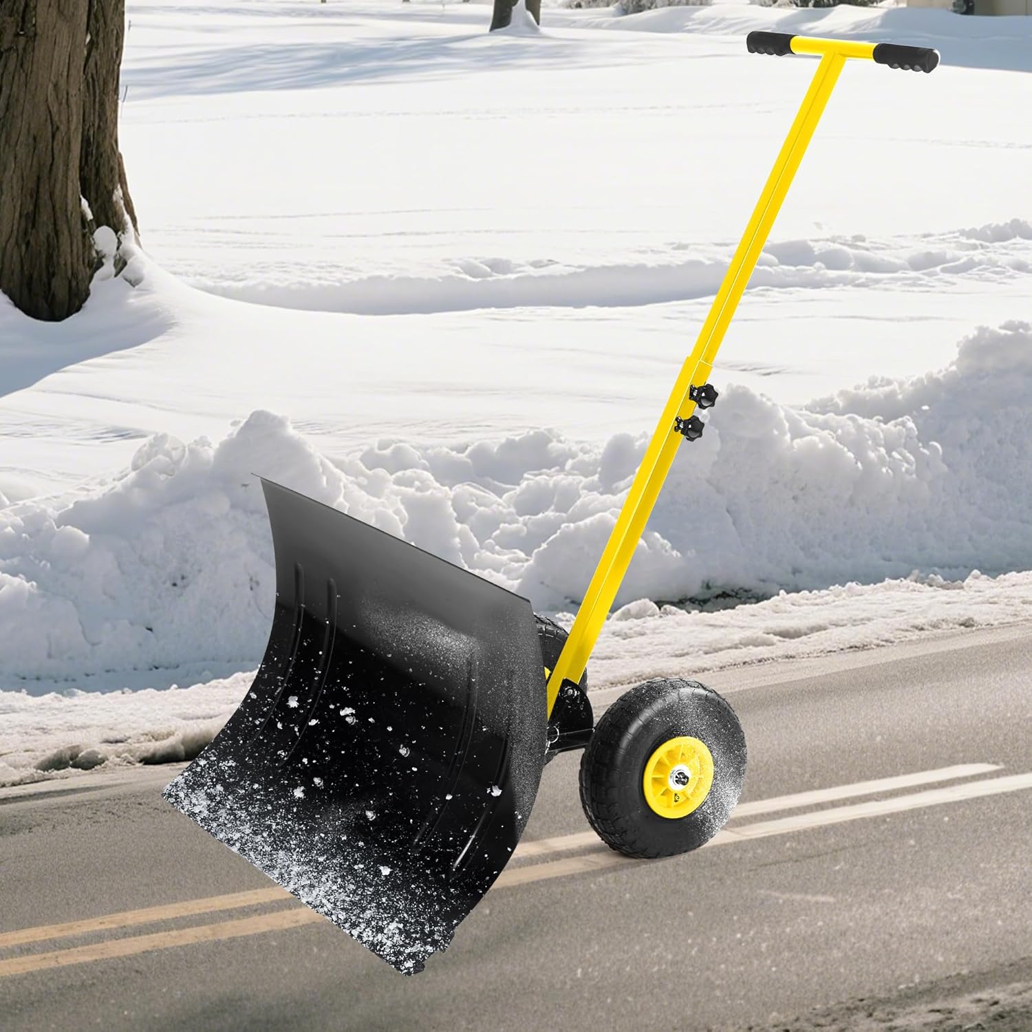Snow Shovel for Driveway,Heavy Duty Snow Pusher with Wheels,29.1