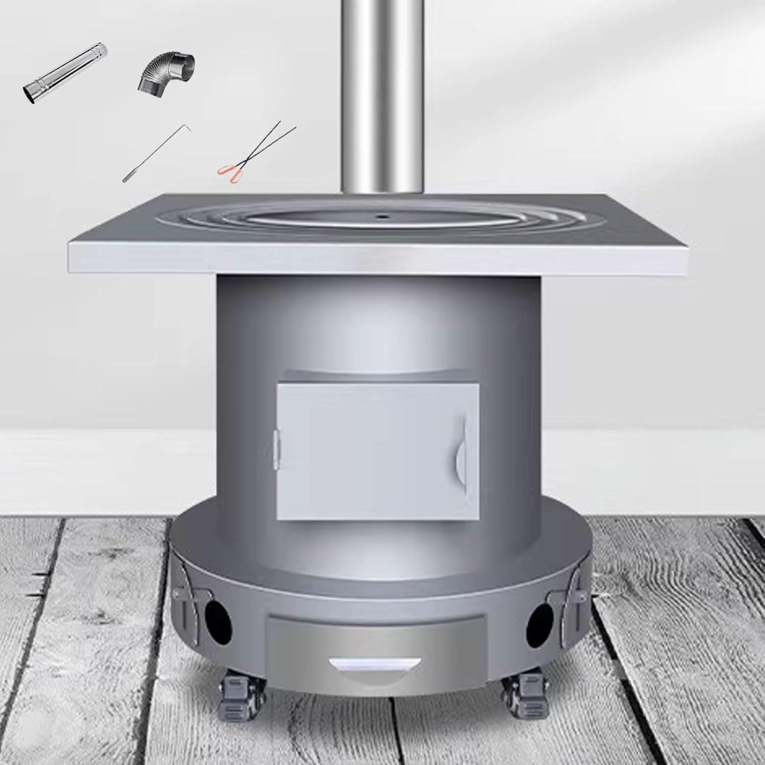 Portable Stove Wood Stoves Steel Plate Material Swivel Casters At The Bottom Includes 2 Ovens Multi-purpose Stove Large Firewood Spout Design 300kg Load Capacity