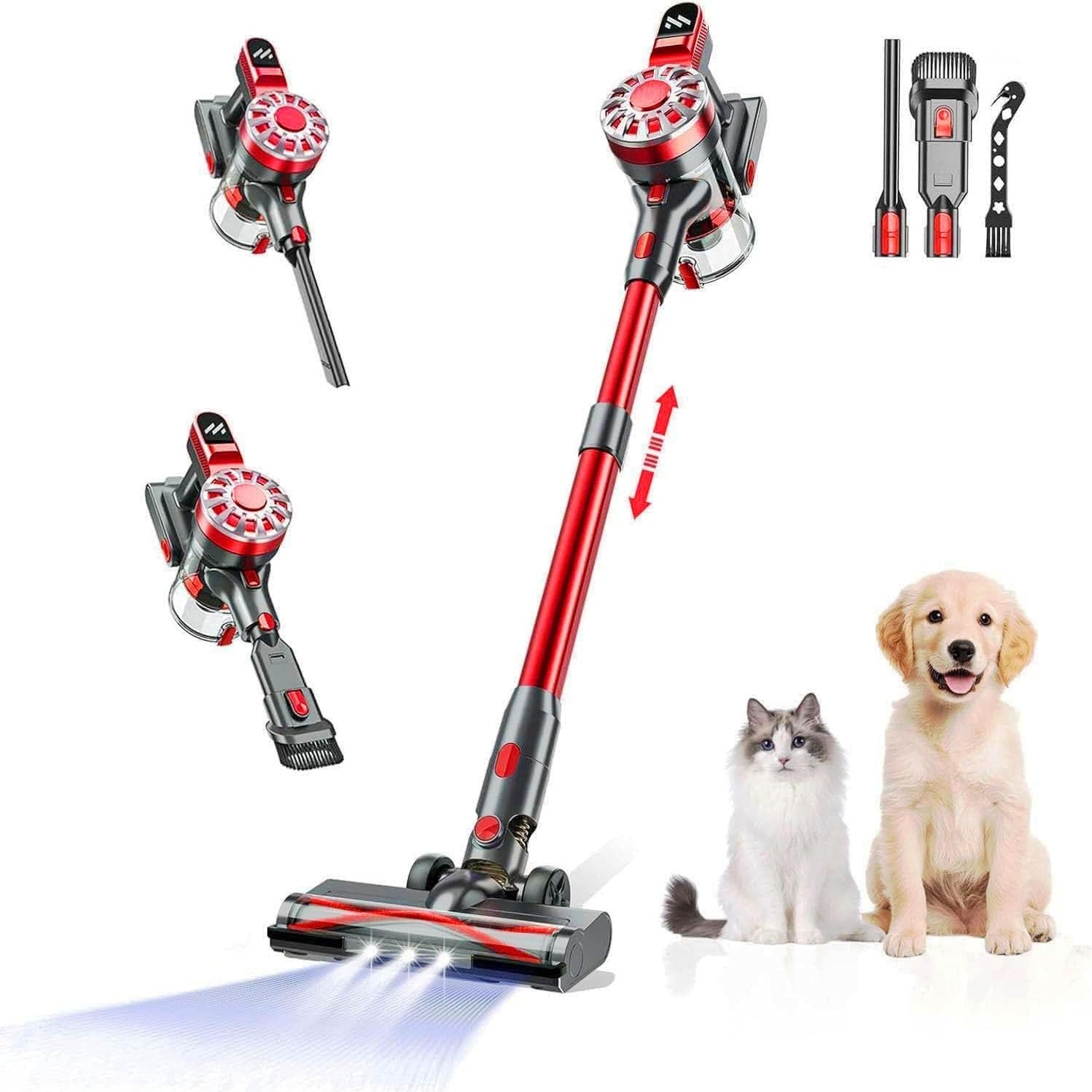 Cordless Vacuum Cleaner for Home, Lightweight Stick Vacuum Cordless Rechargeable with Power Suction, Up to 35 Mins Runtime, Hardwood Floor Vacuum for Pet Hair, Carpets, Tile(Deep Red)