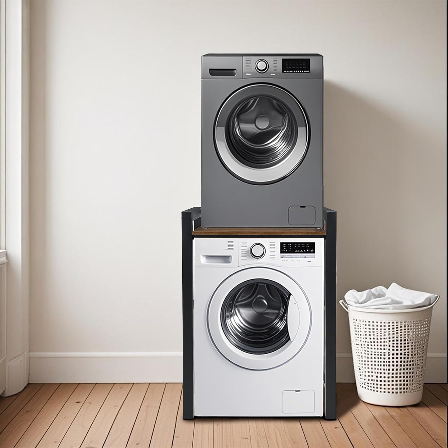 Portable Washer and Dryer Stand, Heavy Duty Steel Shelf Over Washer and Dryer, Laundry Room Organizer with Adjustable Laminate, Washing Machine Shelf for Bathroom and Laundry Room (Black)