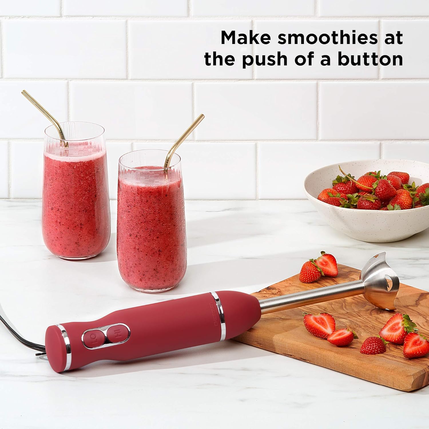 Chefman Immersion Stick Hand Blender with Stainless Steel Blades, Powerful Electric Ice Crushing 2-Speed Control Handheld Food Mixer, Purees, Smoothies, Shakes, Sauces & Soups, Red (Renewed)