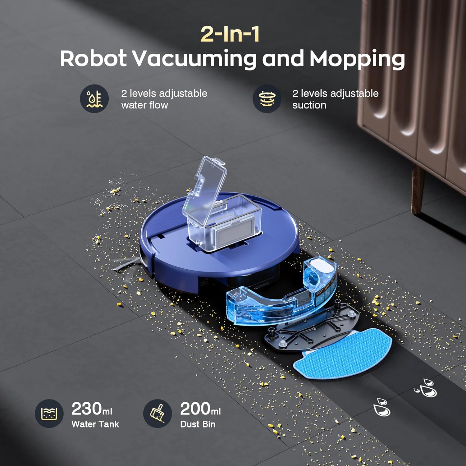 Robot Vacuum and Mop Combo, 2 in 1 Robotic Vacuums Cleaner with WiFi/App, Robot Vacuum with Water Tank, Strong Suction, Schedule, Self-Charging, Quiet, for Hard Floor, Pet Hair, Low Pile Carpet