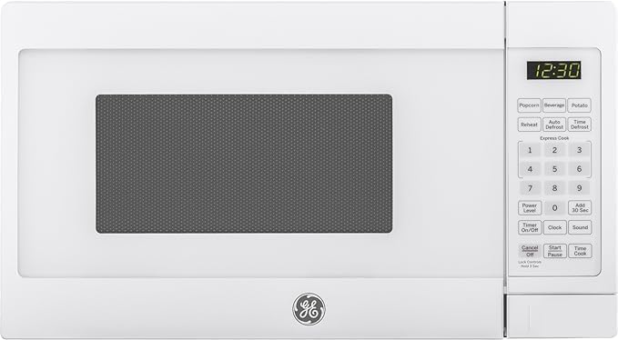 GE Countertop Microwave Oven, Compact 0.7 Cubic Ft., 700-watt Capacity, 6 Auto Cooking Settings, Child-Lock Technology, Kitchen Essentials for the Countertop, Dorm Room or Apartment, White