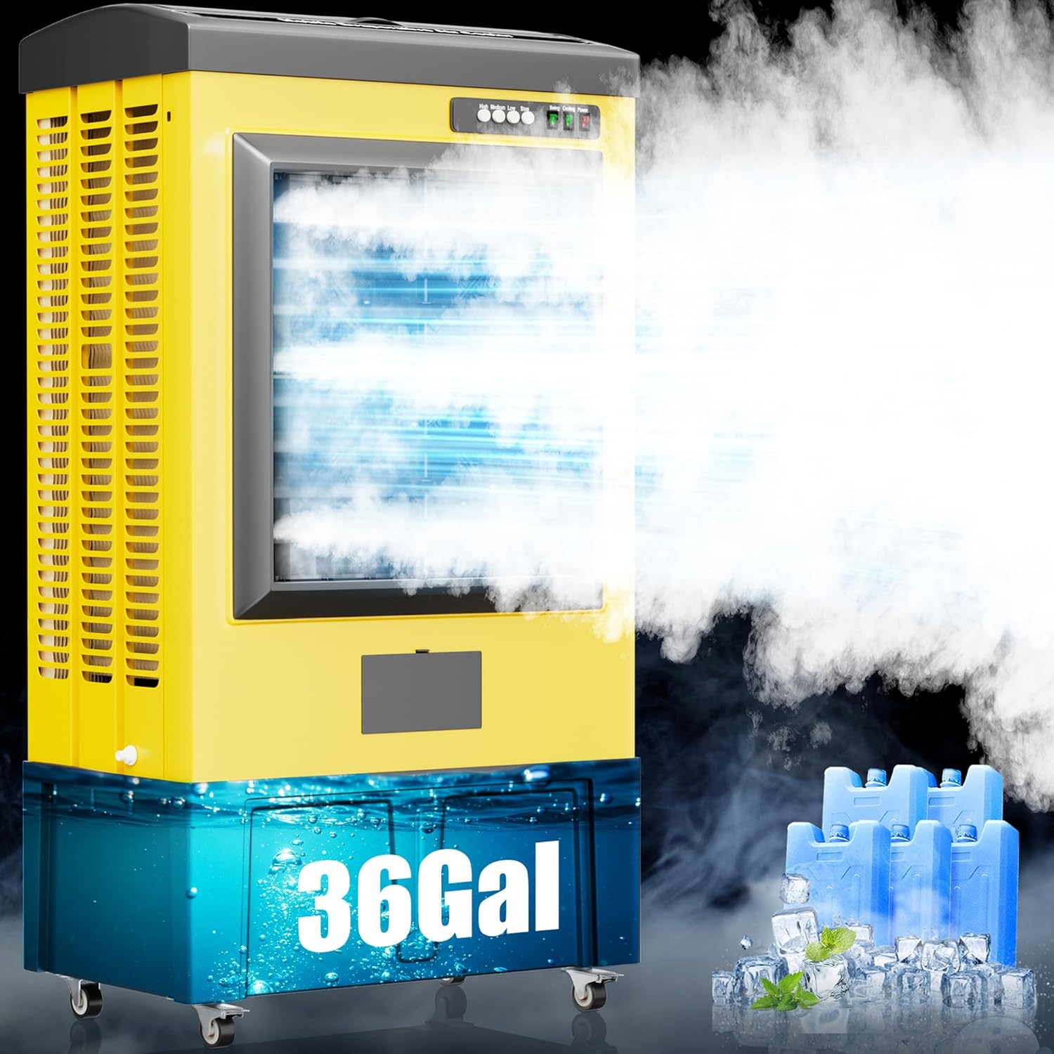 AKIRES 8980CFM Swamp Coolers,Evaporative Air Cooler for 1735Sq.ft of Space,with Continuous Auto Fill,36-Gal Water Tank,120°Oscillation,5 Ice Packs,Cooling Fan for Outdoor,Indoor Yellow(57IN)