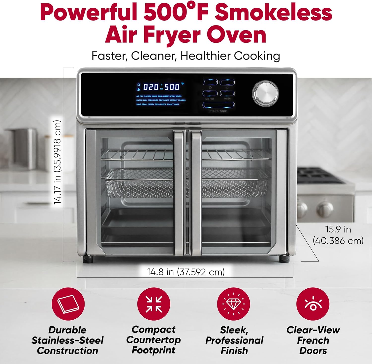 Large Air Fryer Oven 26-Quart |10-in-1 Countertop Stainless Steel Toaster Oven Combo | Non Toxic Family Size Air Fryer - Frying, Baking, Toasting, Dehydrating, Rotisserie | 1700W 360° Heating