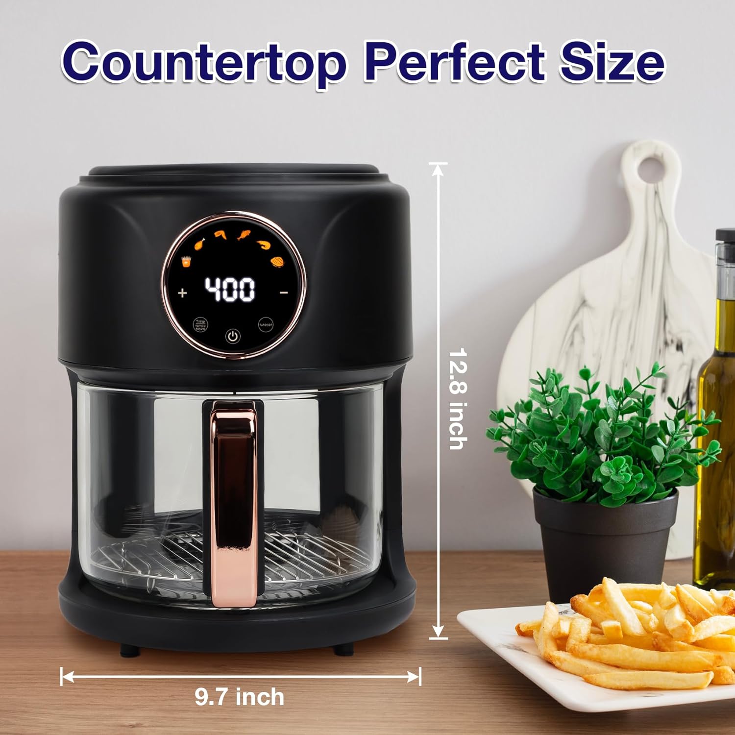 4.7QT Glass Air Fryer, 360° Viewable Glass Air Fryer Non Toxic, 6-IN-1 Preset Cook Modes, Digital Display, Adjustable Temp 100F - 400F, Nonstick, Dishwasher Safe, Black