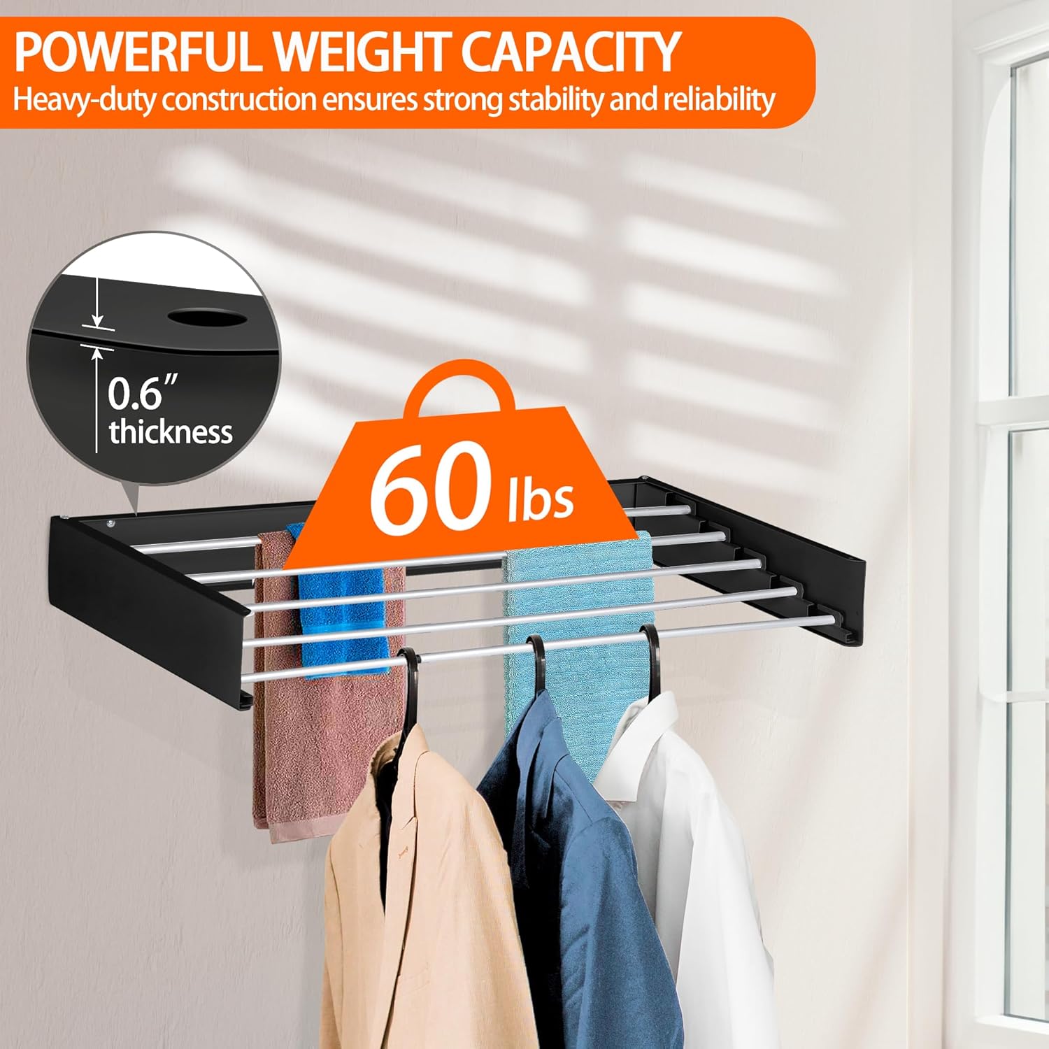 FOCHIER F Laundry Drying Rack Wall Mounted Clothes Drying Rack Collapsible with 5 Aluminum Rods and Drilling Template Long Screwdriver Bit 60 lbs Capacity (Black, 40