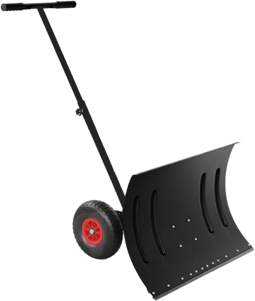 20-inch Wide Adjustable Wheeled Snow Shovel with 5 Angle and Height Handle Settings for Sidewalks and Yards(Black)