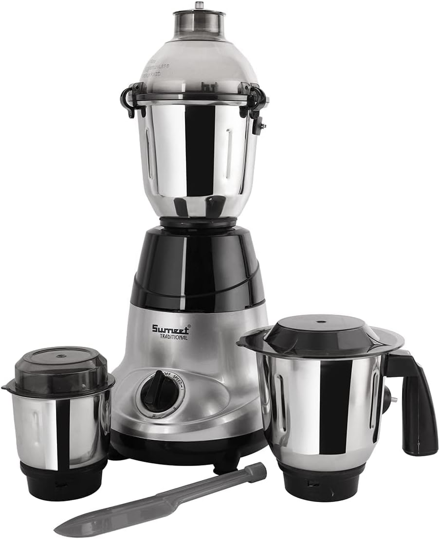 Sumeet Tradtional 750 Watts / 110V Mixer Grinder with 3 Stainless Steel Jars Countertop, Blender Indian Mixer Grinder For Canada/USA (Amica BlackGrey)
