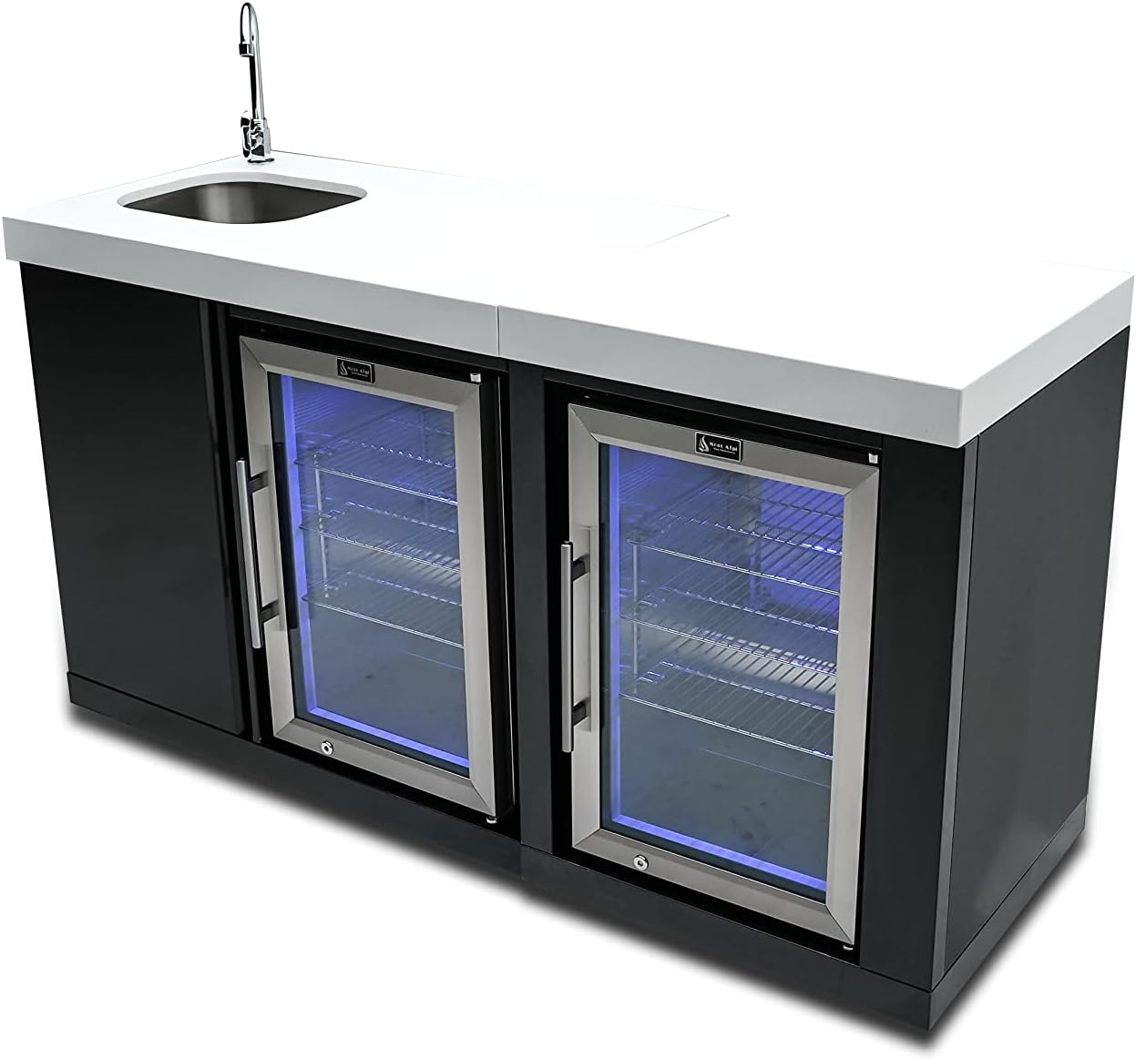 Mont Alpi Bar Series MA-BEVBSSFC Modular Black Stainless Steel Double Outdoor Rated Refrigerator Wine Cooler Beverage Center with Granite Countertops with Blue LED Lighting + Faucet & Sink